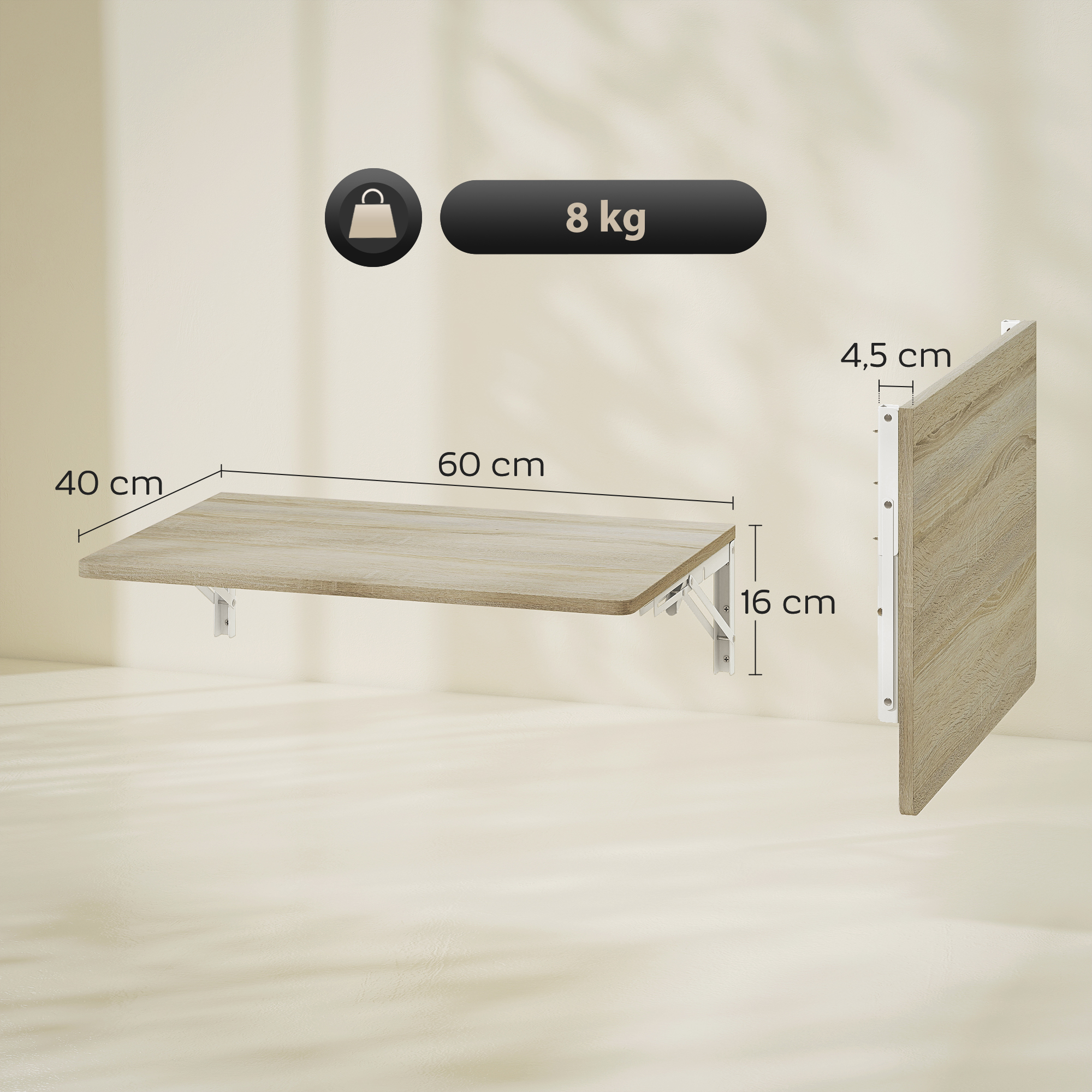 Wandklapptisch, 60x40 cm Klapptisch, Platzsparender Schwimmender Schreibtisch mit abgerundeten Ecken, für Homeoffice, Wohnzimmer, Schlafzimmer, Küche, Eiche