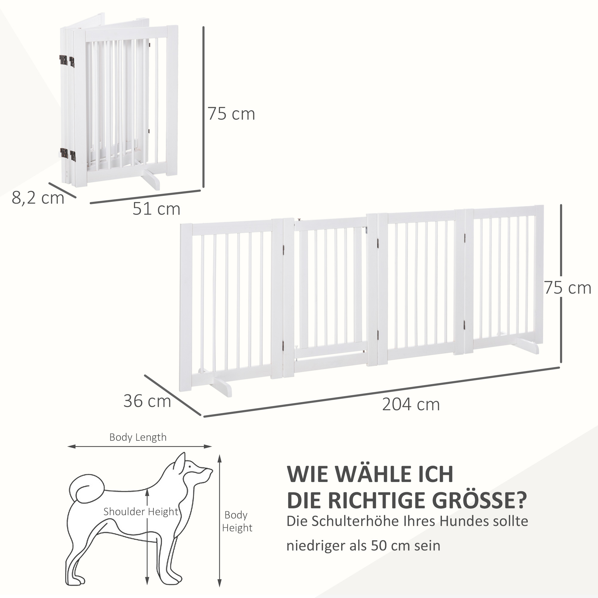 Absperrgitter Hund 4-teilig, 204 x 75 cm Faltbar Türschutzgitter mit Tür, Freistehend Hundegitter mit 2 Stützfüßen, Treppengitter aus Holz für Flur, Küche, Treppe, Weiß