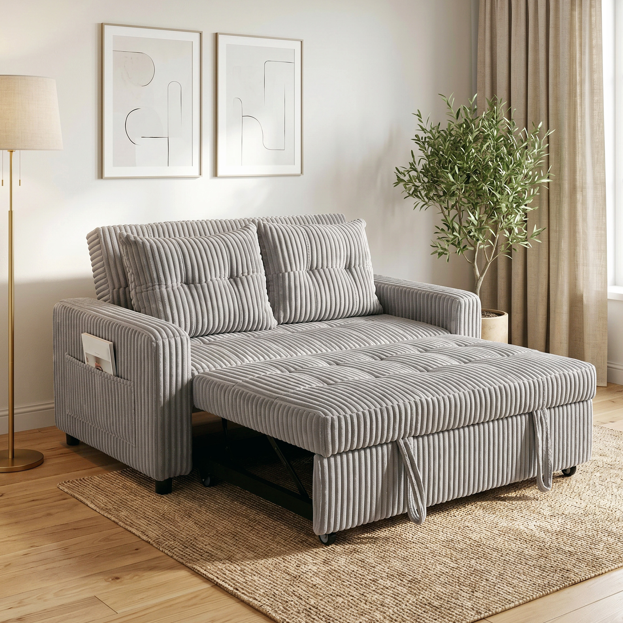 2-Sitzer Sofabett, Cordbezug, zum Schlafsofa umwandelbar, 2 Kissen, Seitentaschen, 157 x 190 cm, Hellgrau