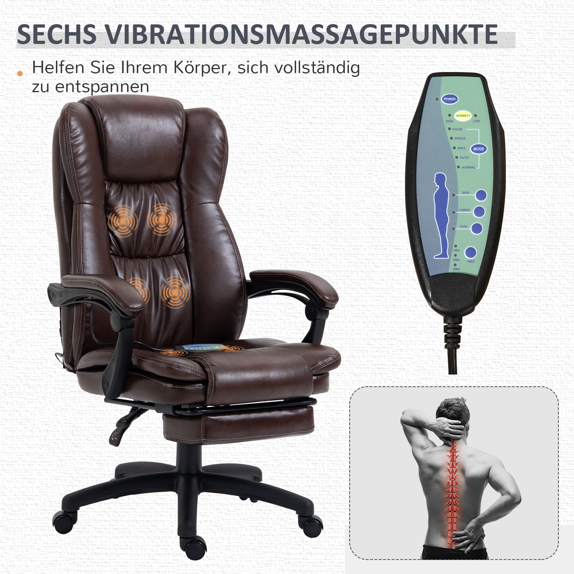 verstellbarer Drehstuhl mit Fußstütze, Kopfstütze, Massagefunktion, Kunstleder, 68,5x68,5x113-121cm, Braun