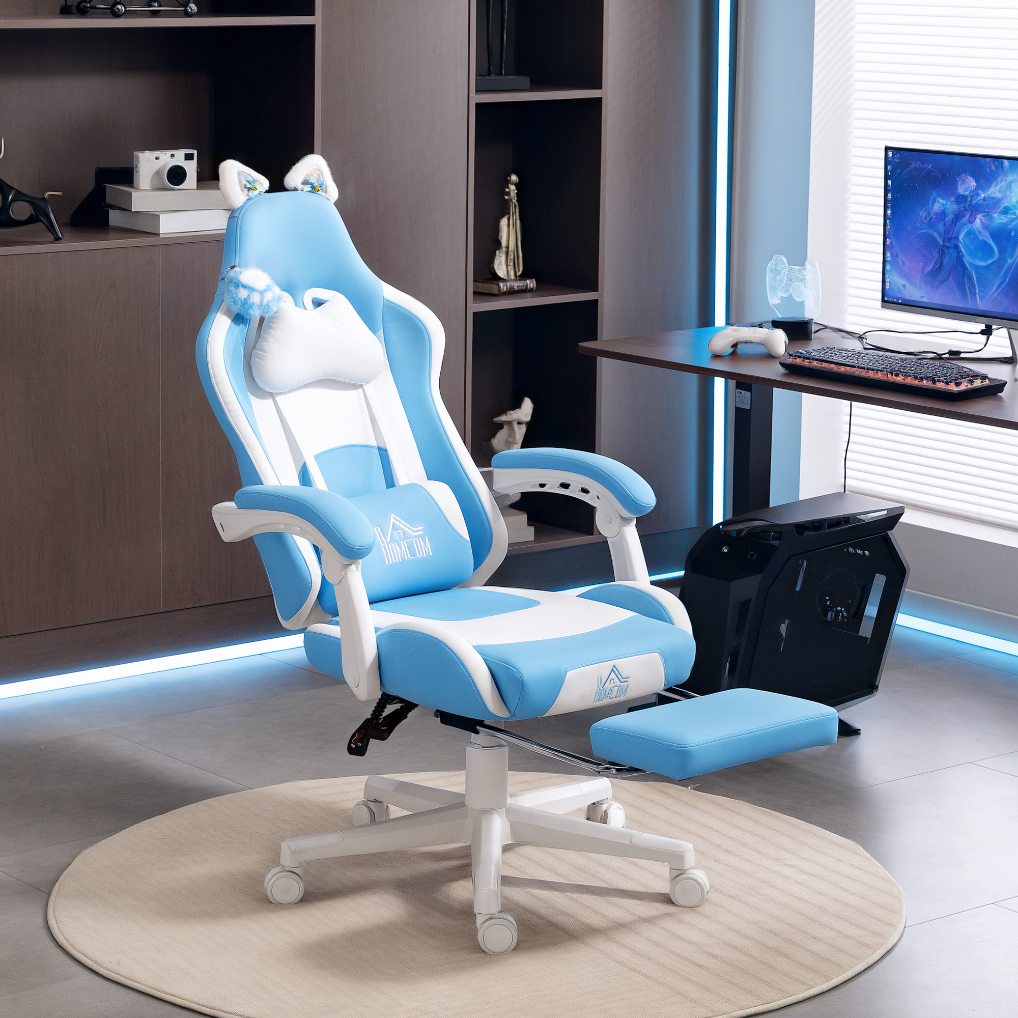 Gaming-Sessel mit Katzenohren, neigbare Lehne, ausziehbare Fußstütze, bis 120 kg belastbar, Seeblau