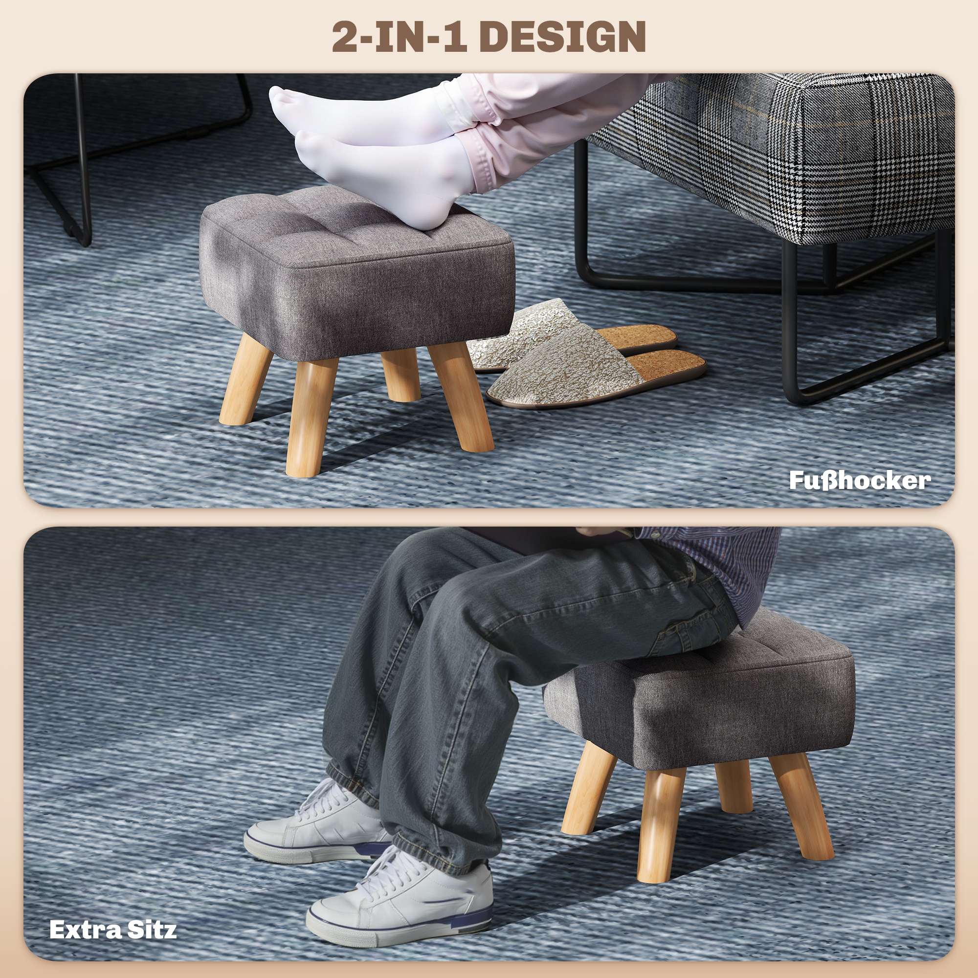 Fußhocker mit Polsterung, Leinenoptik, Holzbeine, bis 110 kg belastbar, Grau