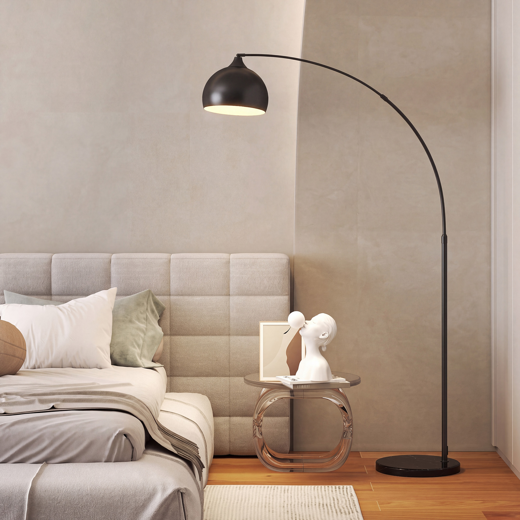 Bogenleuchte, Stehlampe, höhenverstellbar, Fußschalter, Sockel in Marmoroptik, 170-180cm, Schwarz