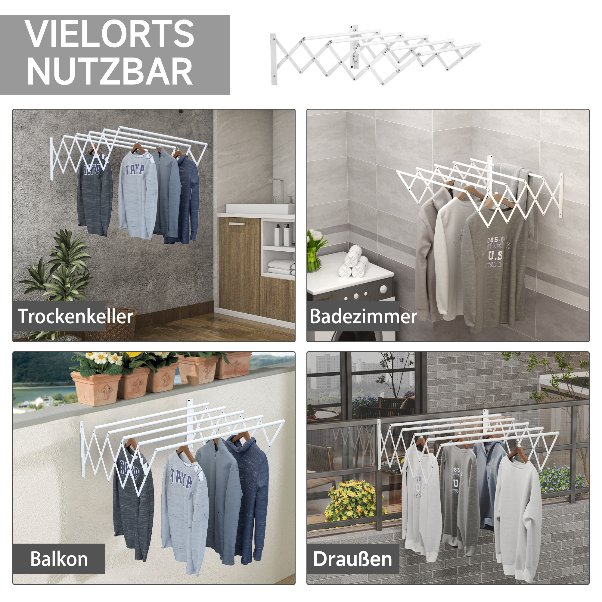 Wäscheständer für Wandmontage ausziehbar klappbar platzsparender Wäschetrockner, Wandwäschetrockner für Innen und Außen, Weiß, 63,5 x 60 x 20 cm