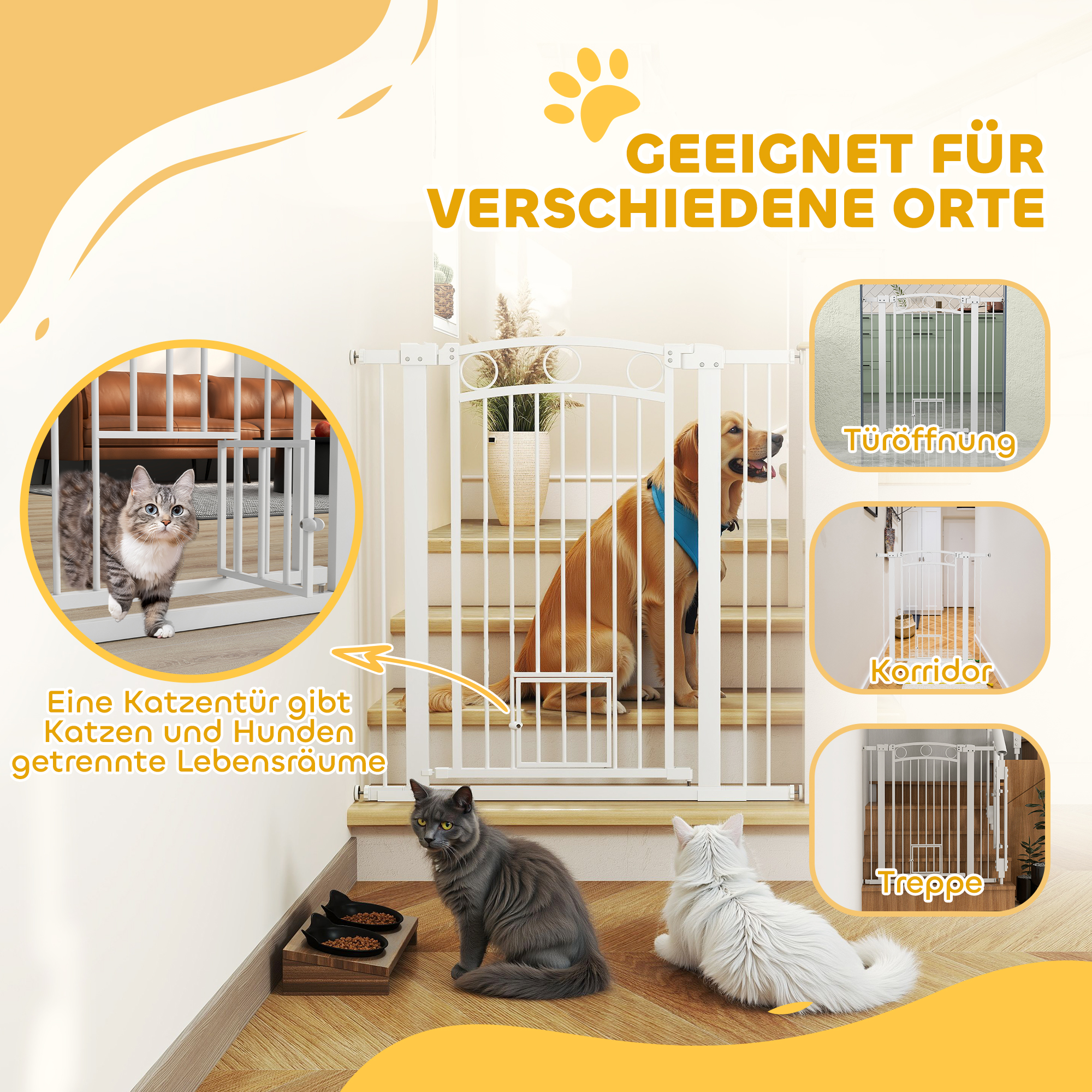 106 cm hohes Haustiergitter mit anpassbarer Breite, integrierte Katzentür, für Treppen und Türrahmen, Weiß