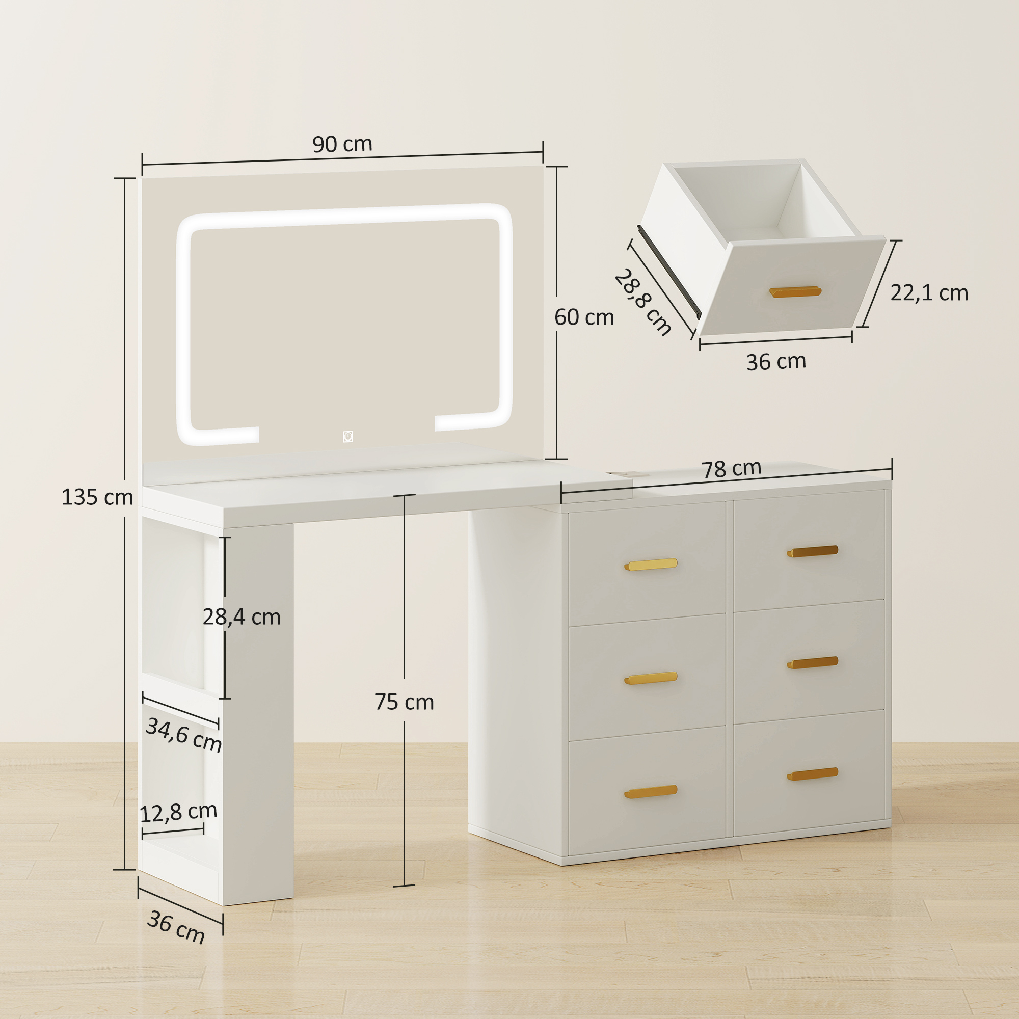 Schminktisch mit verstellbarem LED-Spiegel, Steckdosen, 6 Schubladen, 2 offene Regale, Weiß