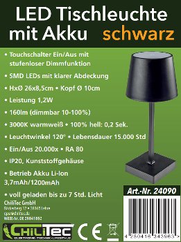 LED Akku Tischleuchte 26cm, dimmbar / USB-C, 160Lumen, 1200mAh, 3000k, schwarz