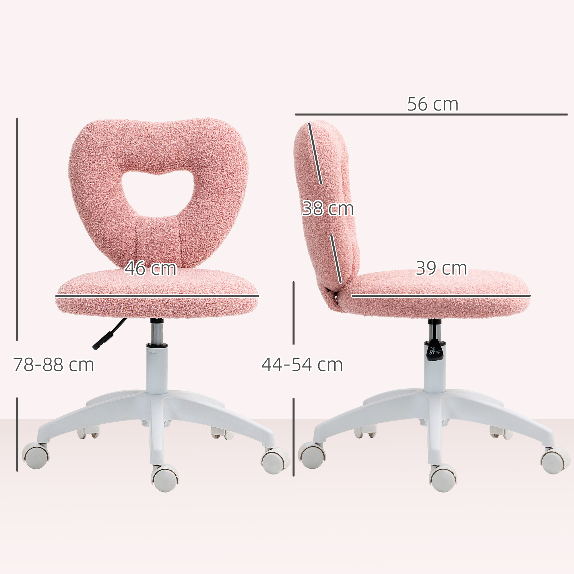 Schreibtischstuhl, Bürostuhl, Herzförmige Rückenlehne, gepolstert, Rosa