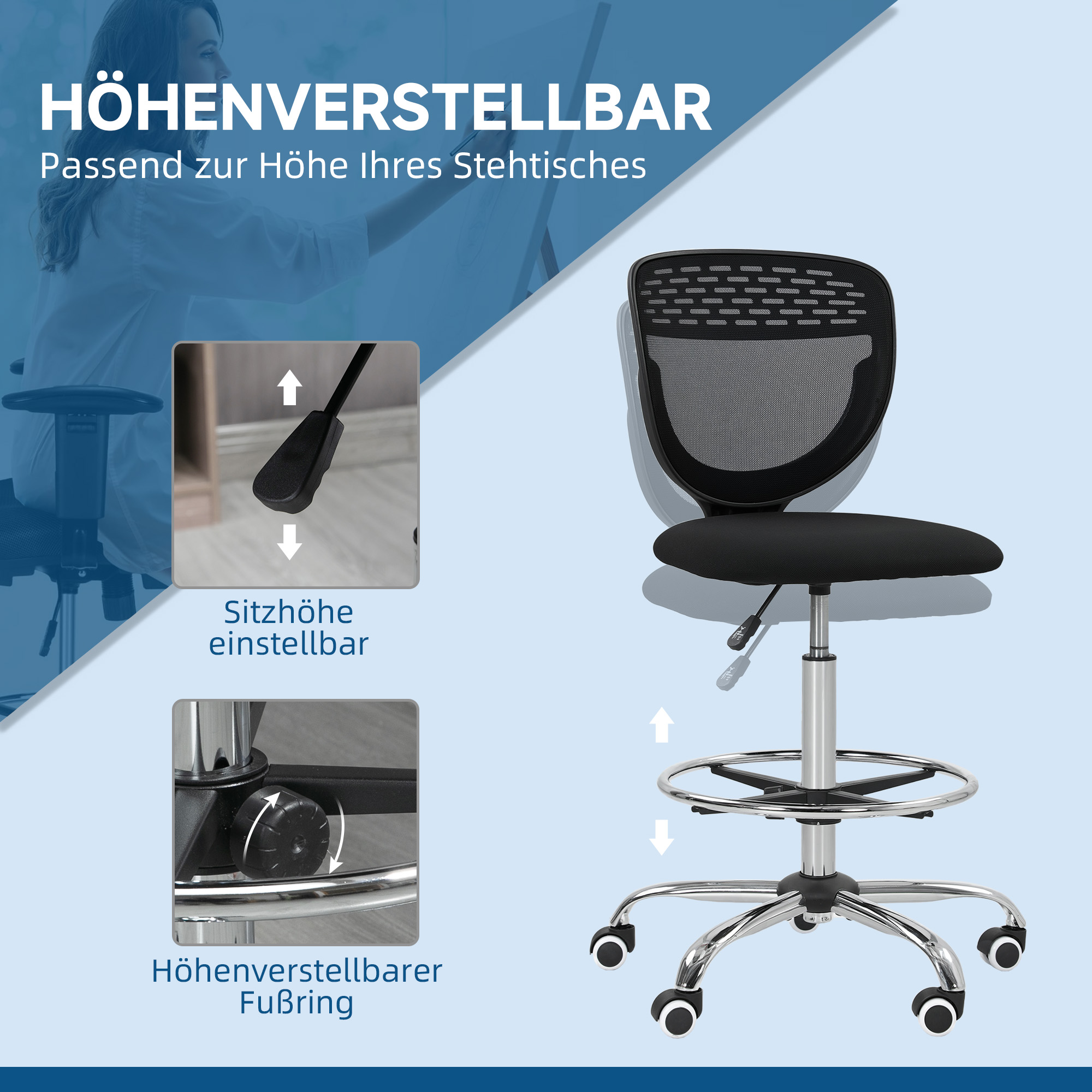 Bürostuhl, Arbeitsstuhl, Schreibtischstuhl, höhenverstellbar, gepolstert, Schwarz