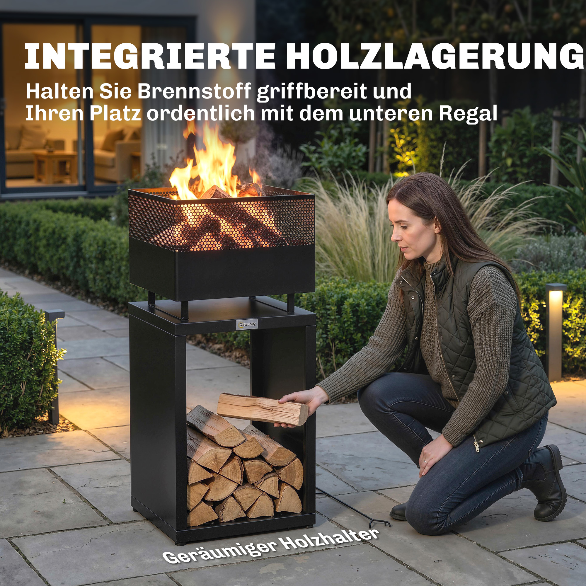 Feuerschale 39 x 39 x 87 cm Feuerstelle mit Holzlager Kohlegitter verstellbaren Füßen, Schwarz