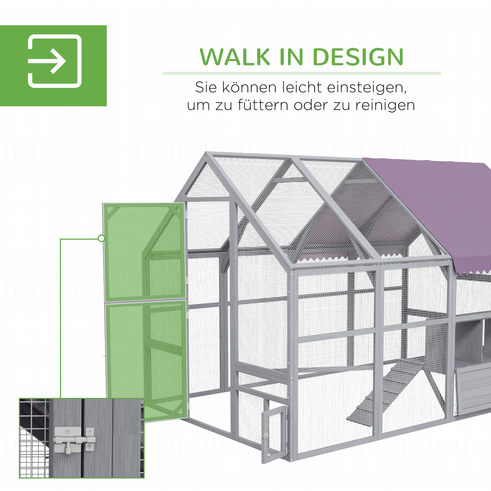 Hühnerstall Hühnerhaus Hühnerhütte, begehbar, wetterbeständig, 280 x 185,5 x 188 cm, Grau