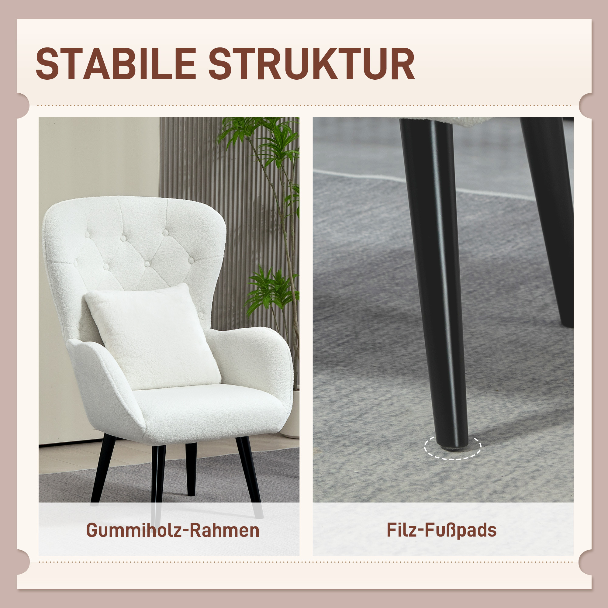 Polstersessel mit Rautensteppung, Bezug aus Teddystoff, mit Dekokissen, 88 x 75 x 106 cm, Weiß