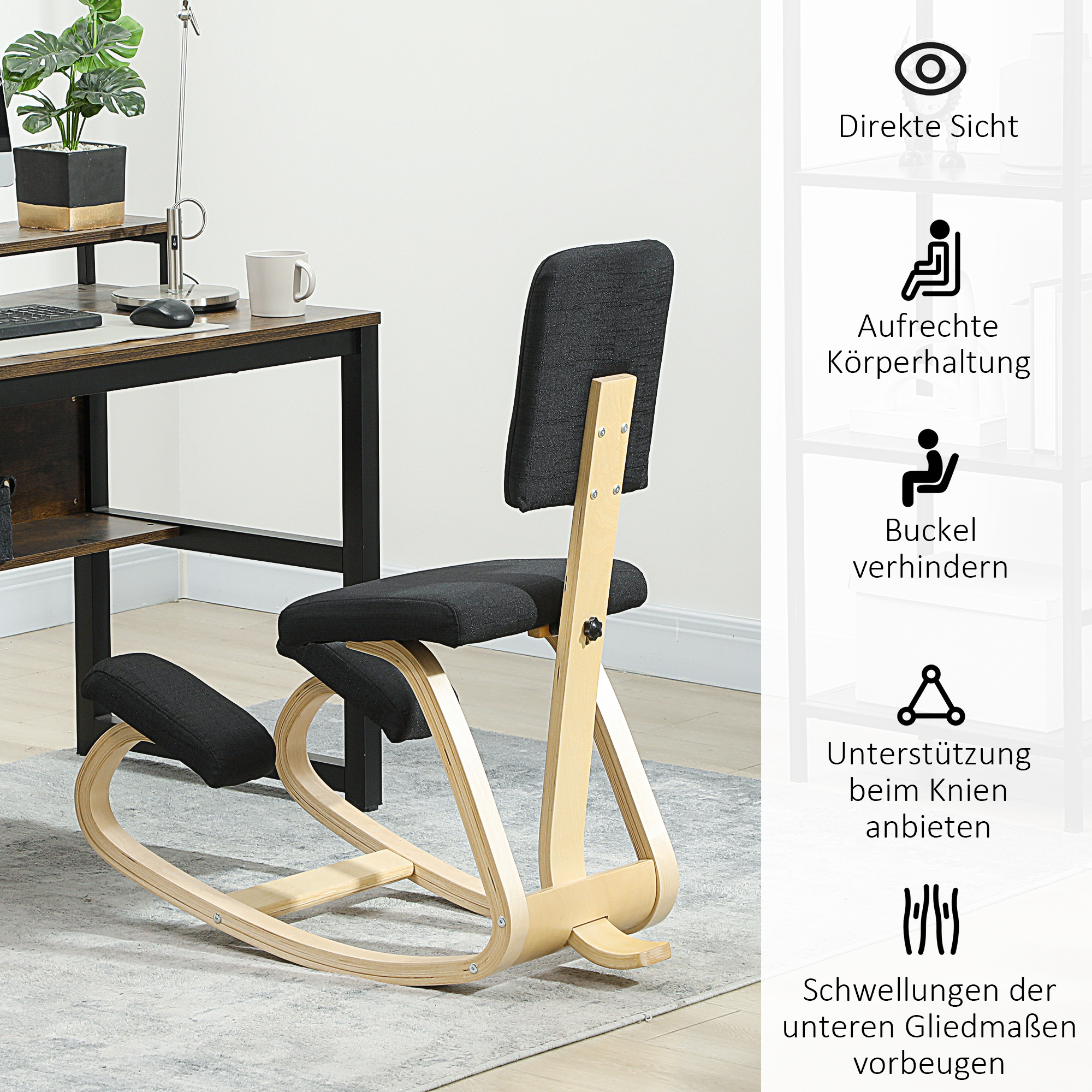 ergonomischer Kniestuhl, Kniehocker Gesundheitsstuhl für Zuhause, Büro, Meditation Schwarz