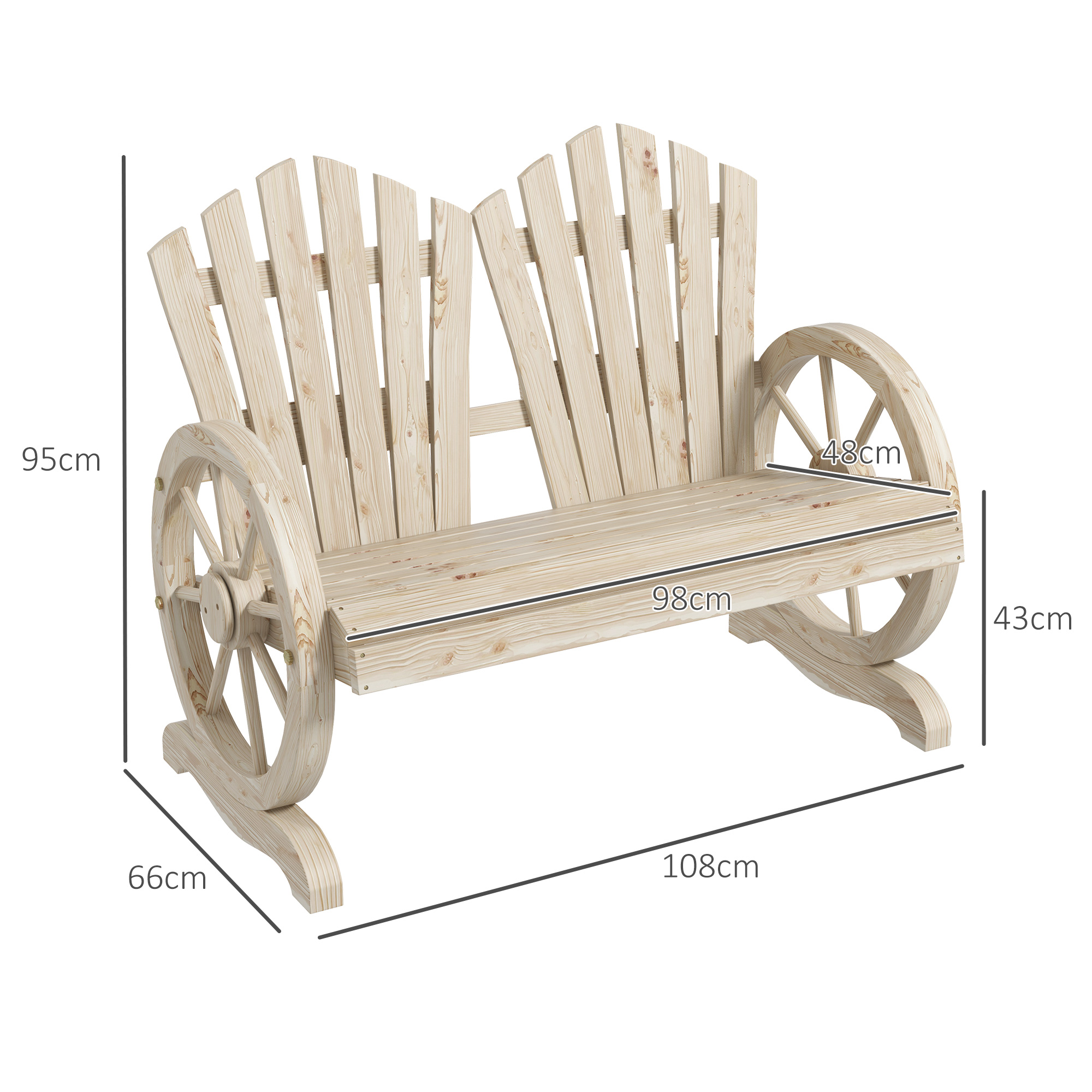 Gartenbank, Wagenrad-Design, für 2 Personen, Naturholz
