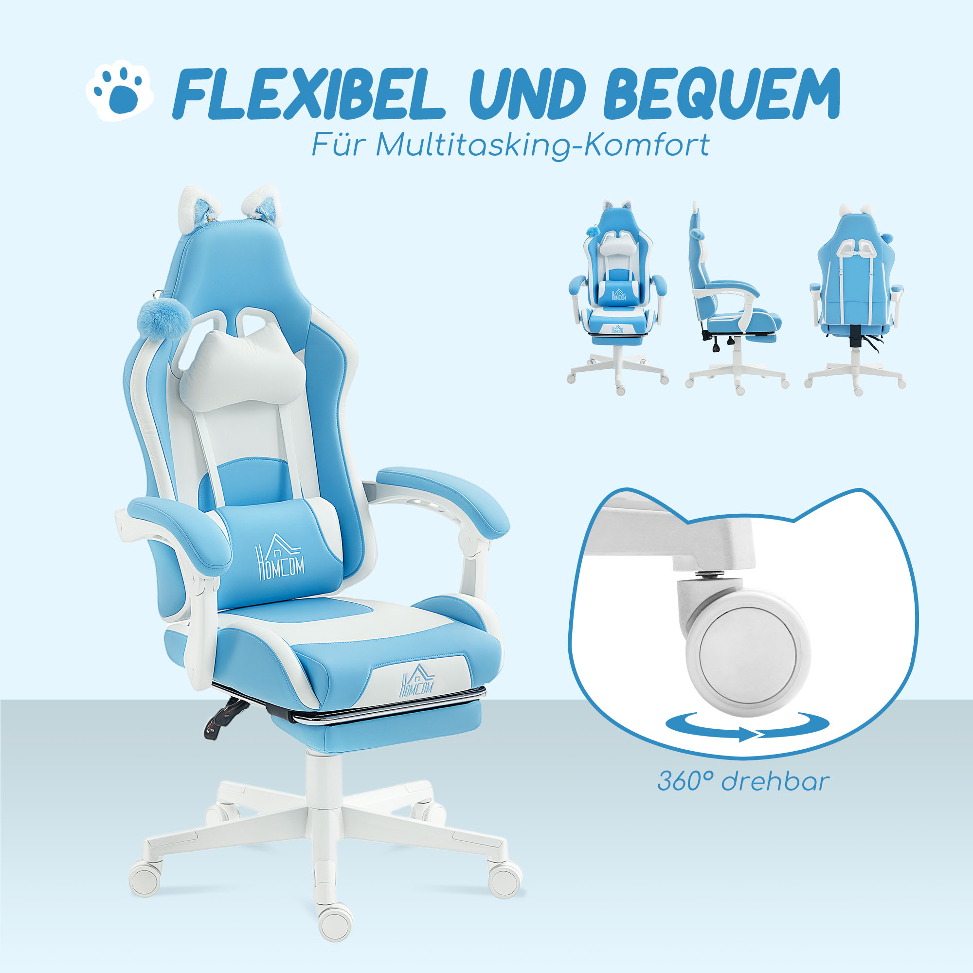 Gaming-Sessel mit Katzenohren, neigbare Lehne, ausziehbare Fußstütze, bis 120 kg belastbar, Seeblau