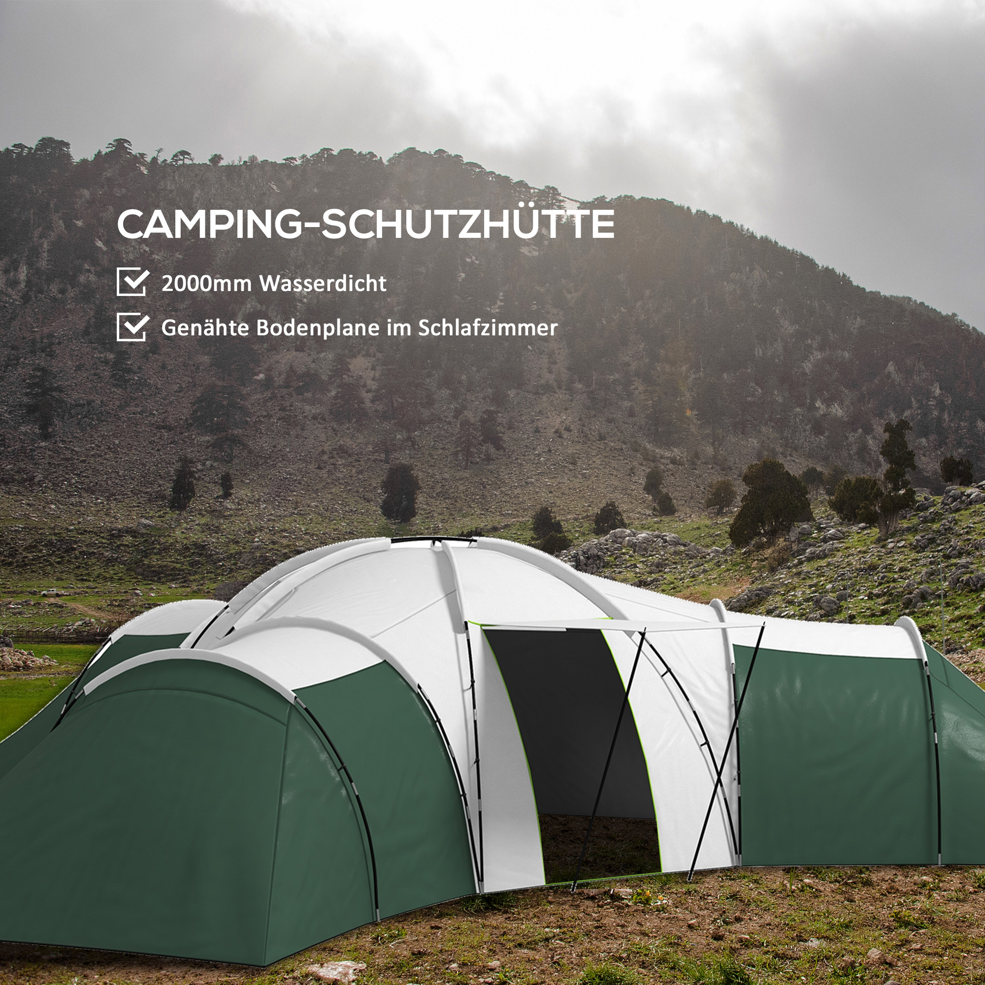 Campingzelt für 6-9 Personen, 4 Räume, Vorzelt, wasserdicht, 615x 615x225cm, Grün