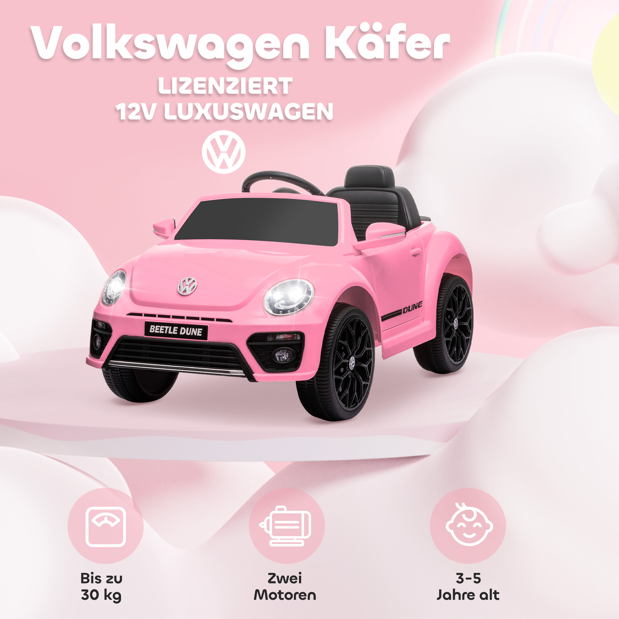 Elektro-Kinderfahrzeug, VW Käfer, 3-5 km/h, mit Fernbedienung & Musik, Rosa