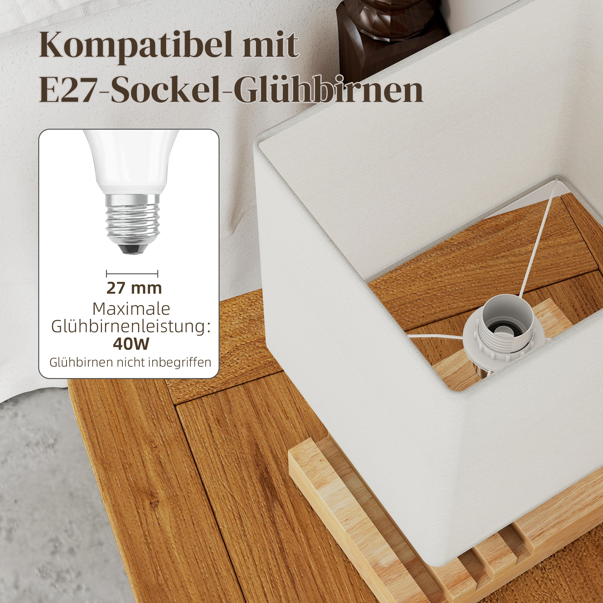 Nachttischlampe, USB-Anschlüsse, Holz, Stoff, Wippschalter, Ablagefächer, Weiß