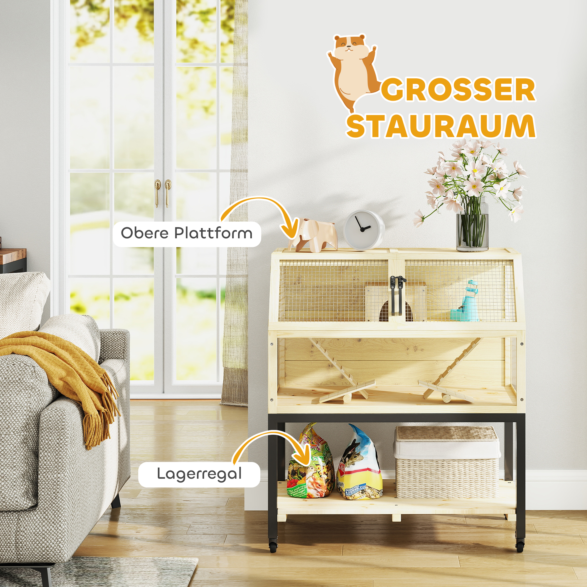 Zwerghamsterkäfig aus Holz mit Ablagefach, Rädern, Rampen, Wasserflasche, Hütte, Wippen, 87 x 43 x 101cm