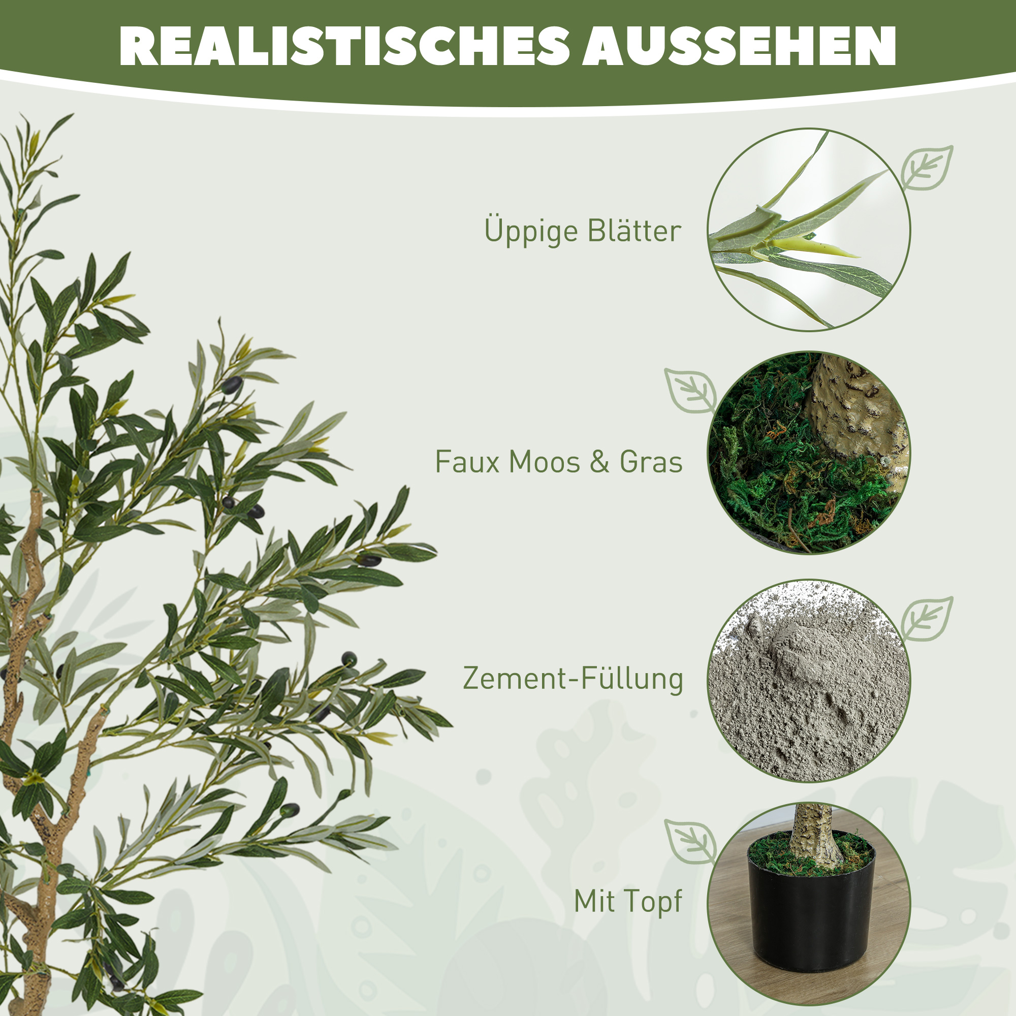 Kunstpflanze, Künstlicher Olivenbaum, 150 cm, 720 Blätter, 40 Oliven, stabiler Blumentopf, Dekorationspflanze, Grün
