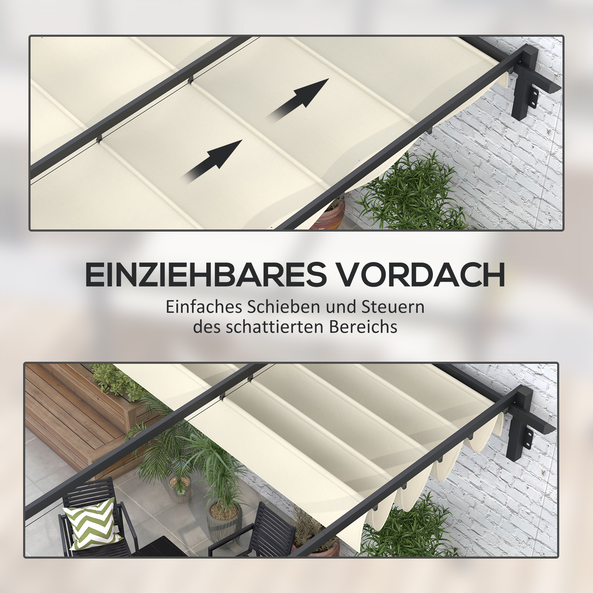 Gartenpavillon 3 x 3m, einziehbares Dach, Wandmontage, Metallrahmen, Cremeweiß