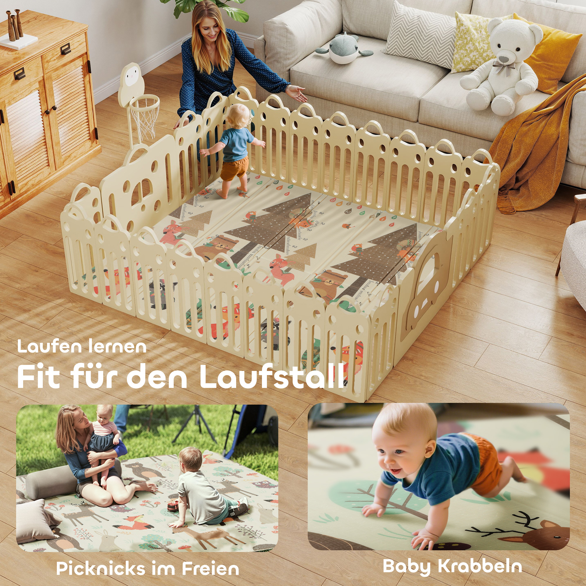 Spielmatte Baby 196 x 176 x 1,5 cm faltbar Doppelseitige Krabbelmatte Mehrfarbig