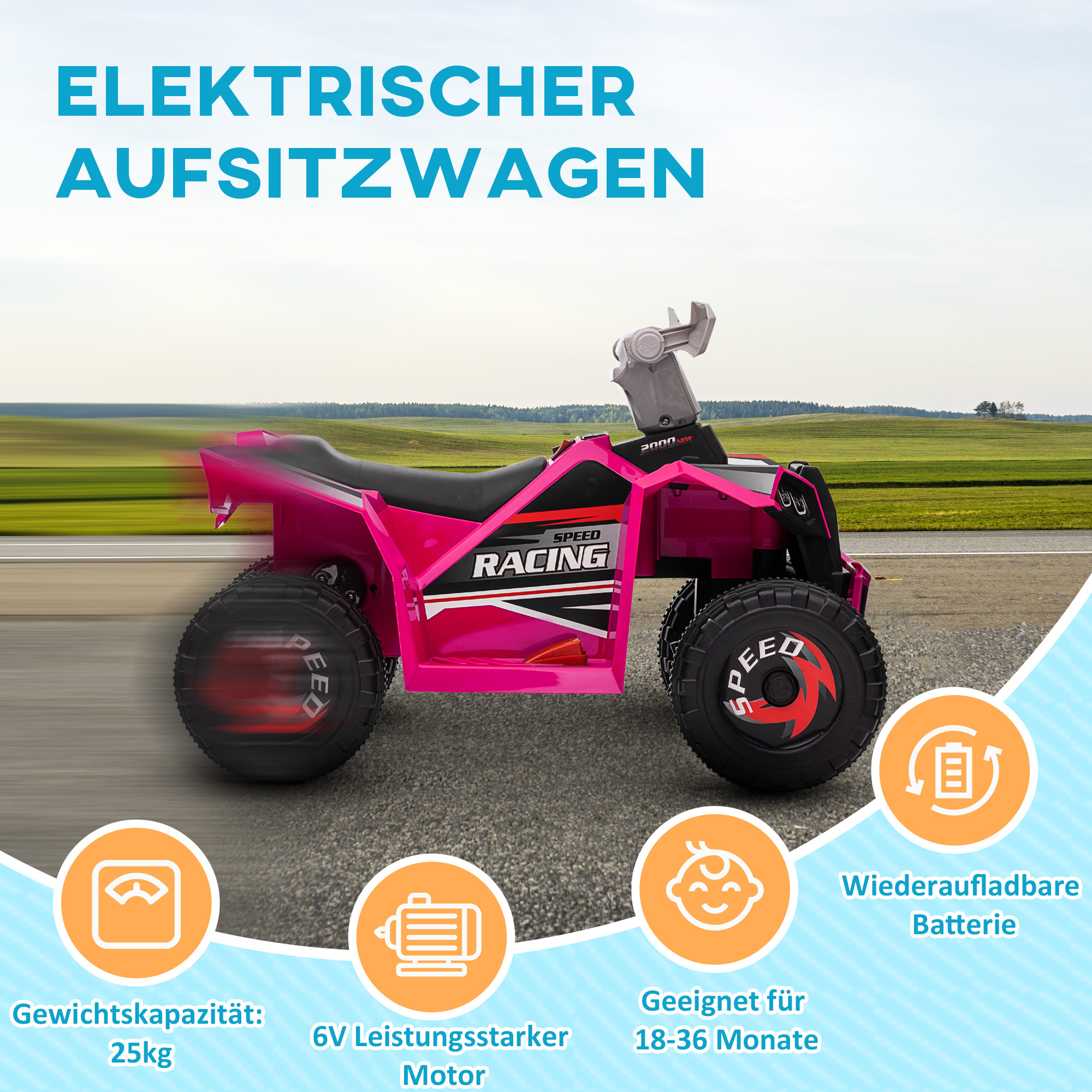 Elektro-Kinderquad, 2,5 km/h, Vorwärts- & Rückwärtsgang, für 18-36 Monate, Rosa