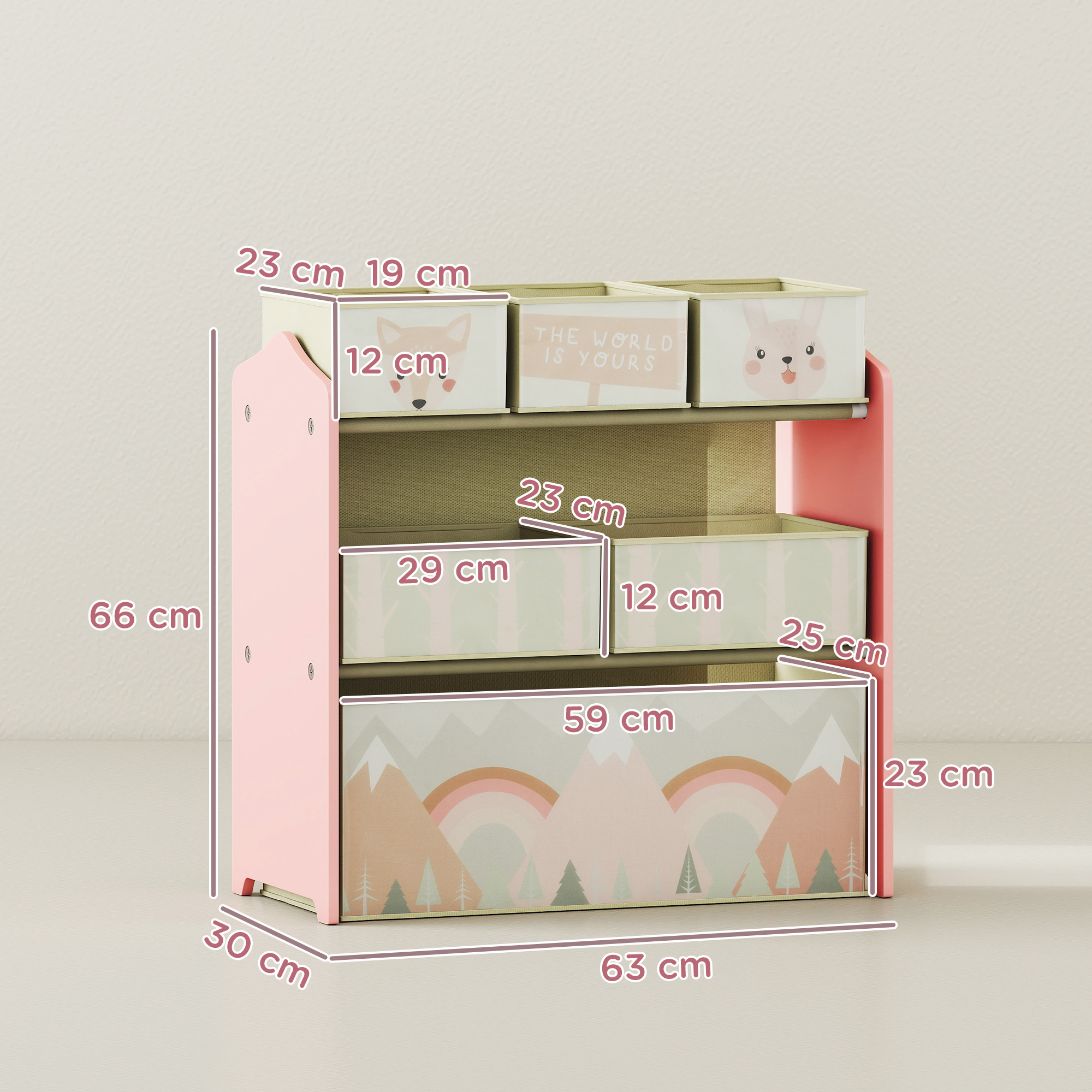 Kinderschrank mit 6 Stoffboxen, niedliches Motiv, 63x30x66 cm, Rosa