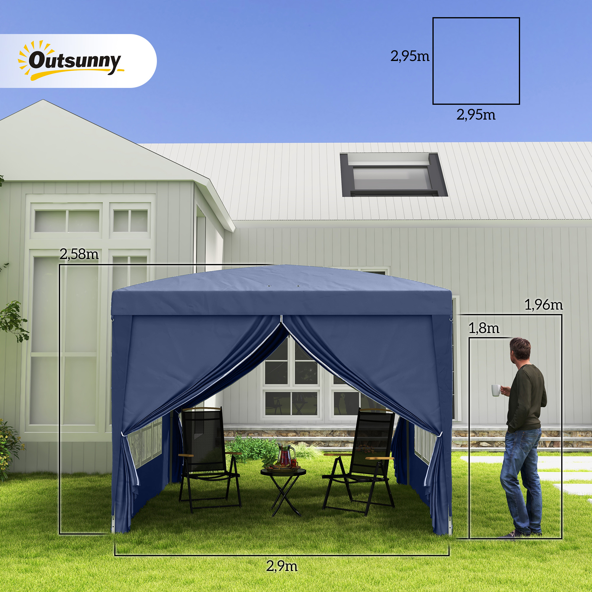 3 x 3 m Pavillon mit 4 Seitenwänden, Fenster, Festzelt mit UV-Schutz, Gartenzelt inkl. Tragetasche, Stahl, Blau