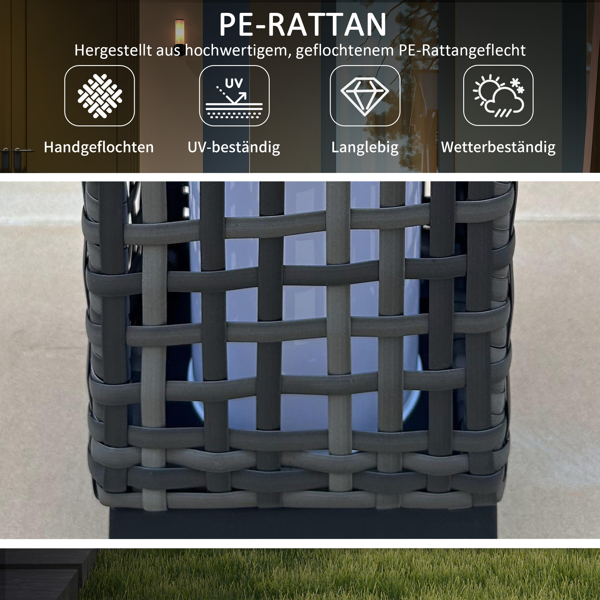 Außenleuchte mit Solarmodul, Einschaltautomatik, 8 h Betriebszeit, Rattanoptik, Stahl, 15,5 x 15,5 x 46 cm, Grau