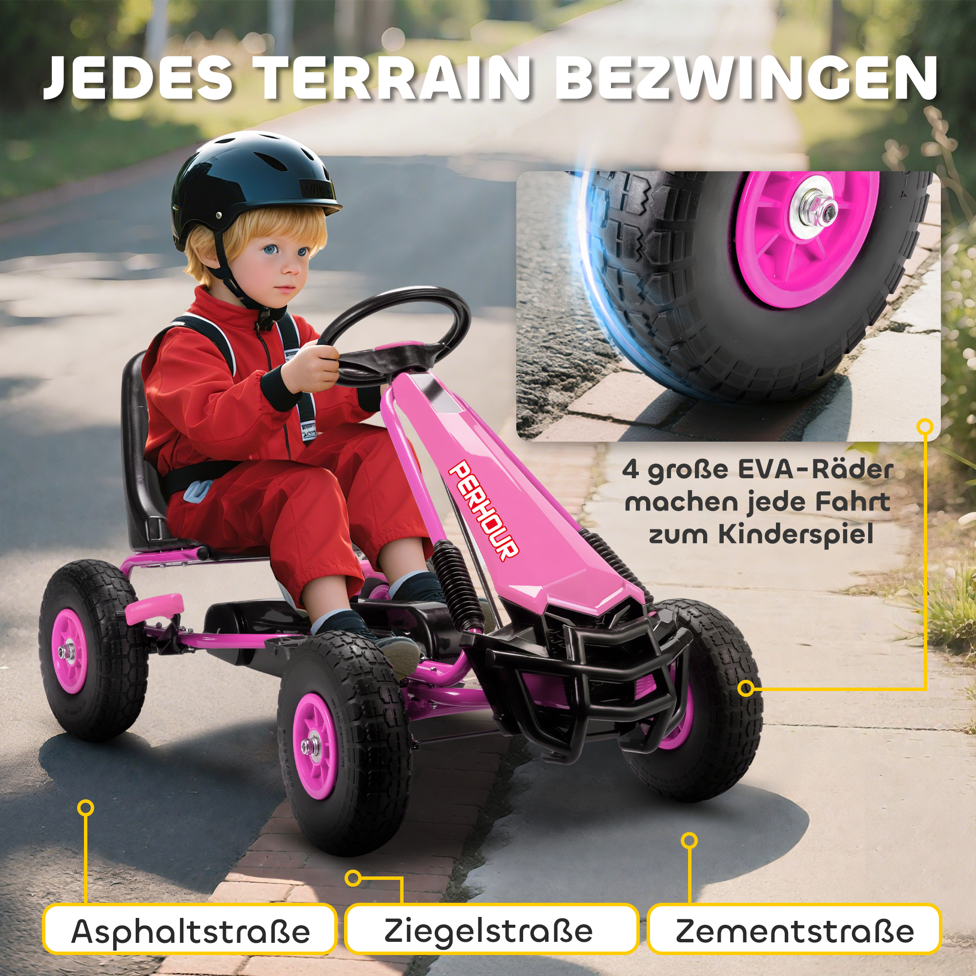 Pedal-Gokart für Kinder, höhenverstellbarer Sitz, EVA-Räder, Bremse, Kupplung, 3-8 Jahre, Rosa