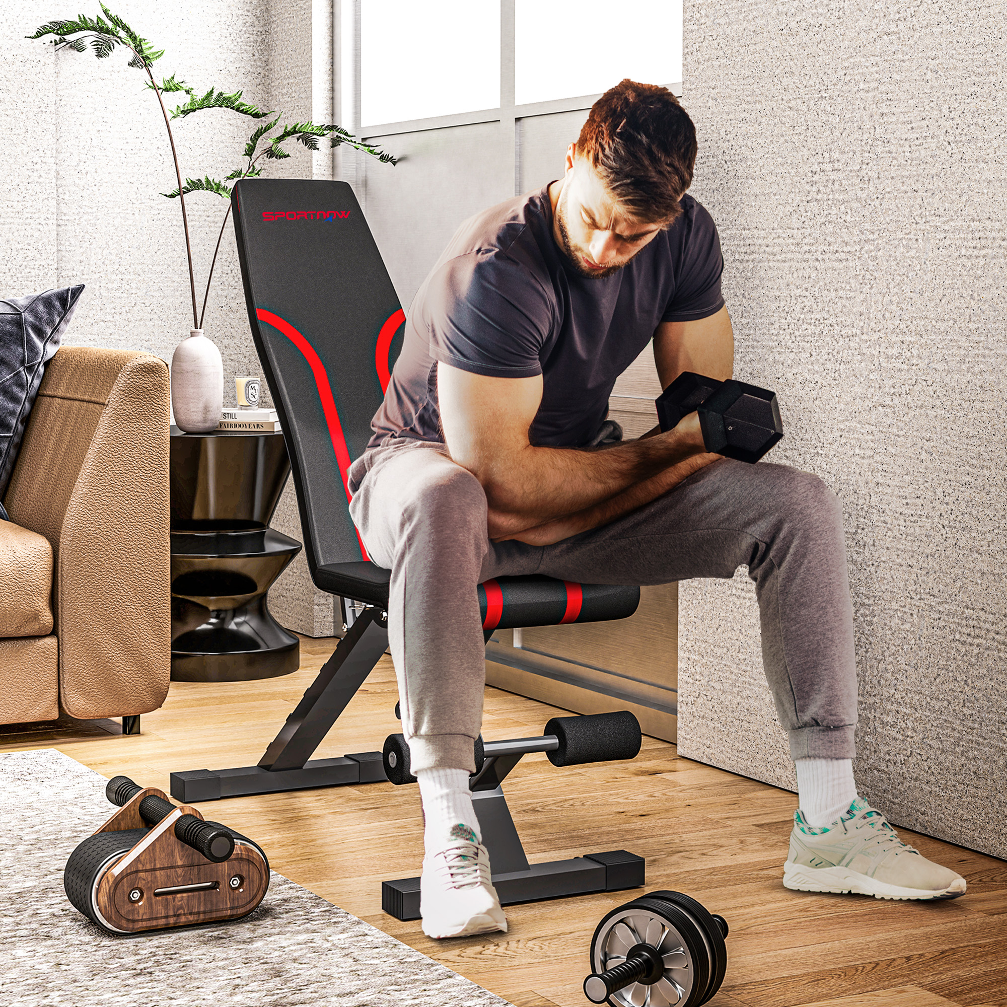 Klappbare Workout-Bank, 6-stufige Rückenlehne, 4-stufiger Sitz, Metall, gepolstert, Schwarz