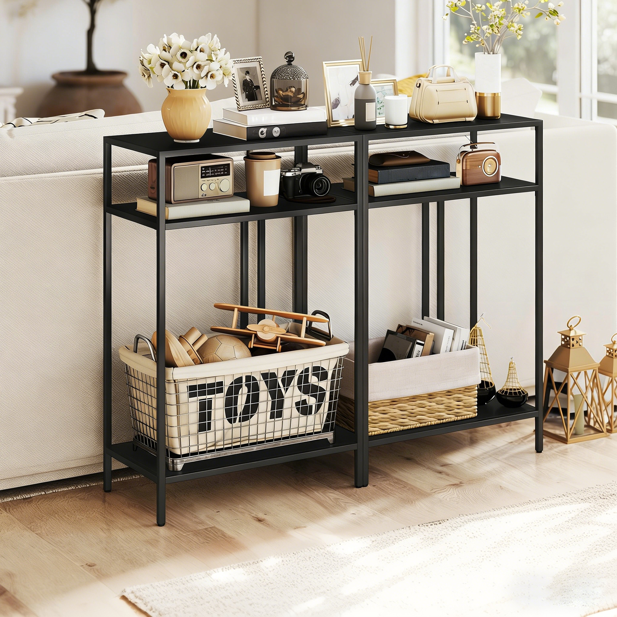 Konsolentisch 3-stufige Ablagen Schmaler Eingangsbereichstisch Stahlrahmen für Wohnzimmer Flur 55 cm Schwarz