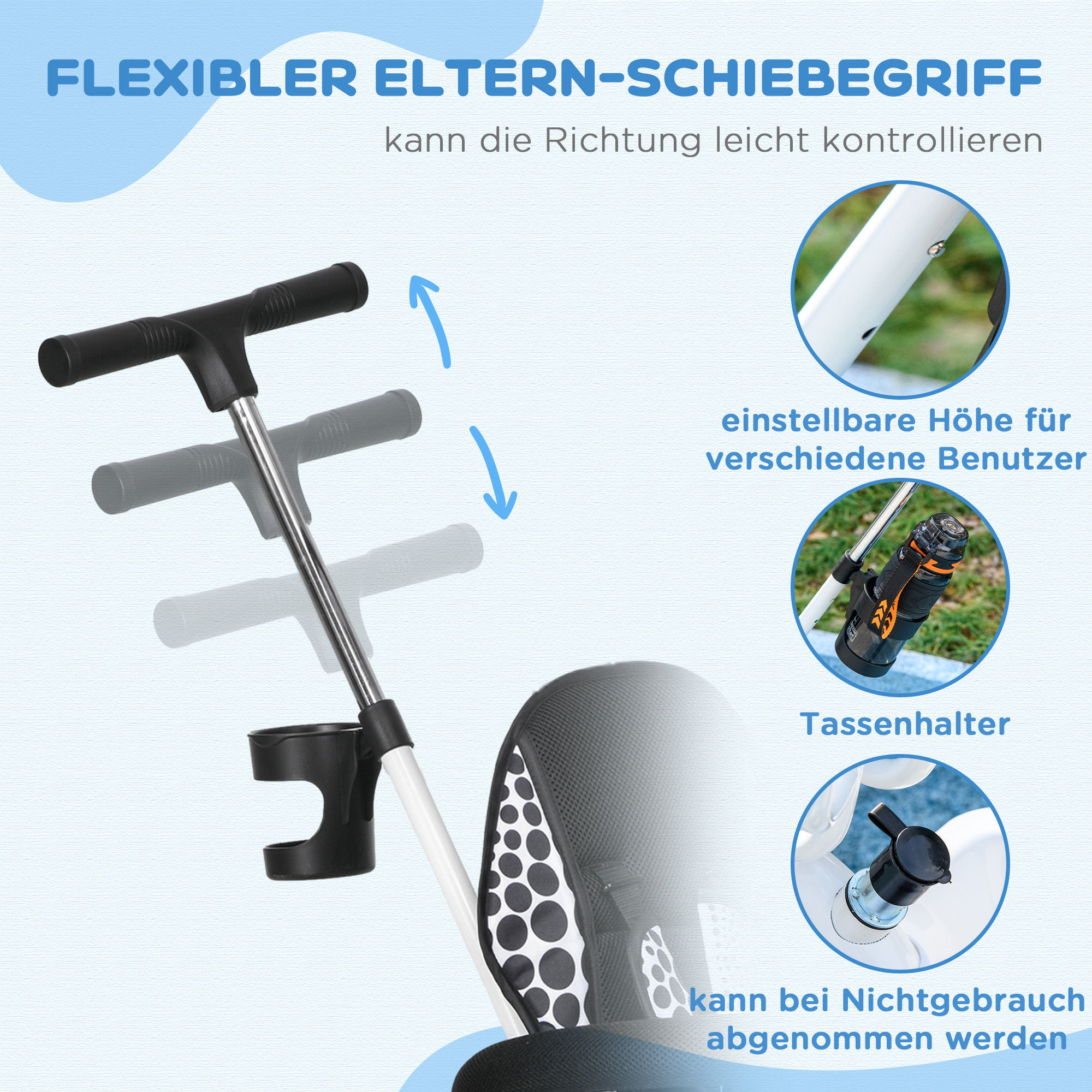 6-in-1 Kinderdreirad mit Schiebestange, Dach, Gurt, Ablagekorb, für 1-5 Jahre, Weiß