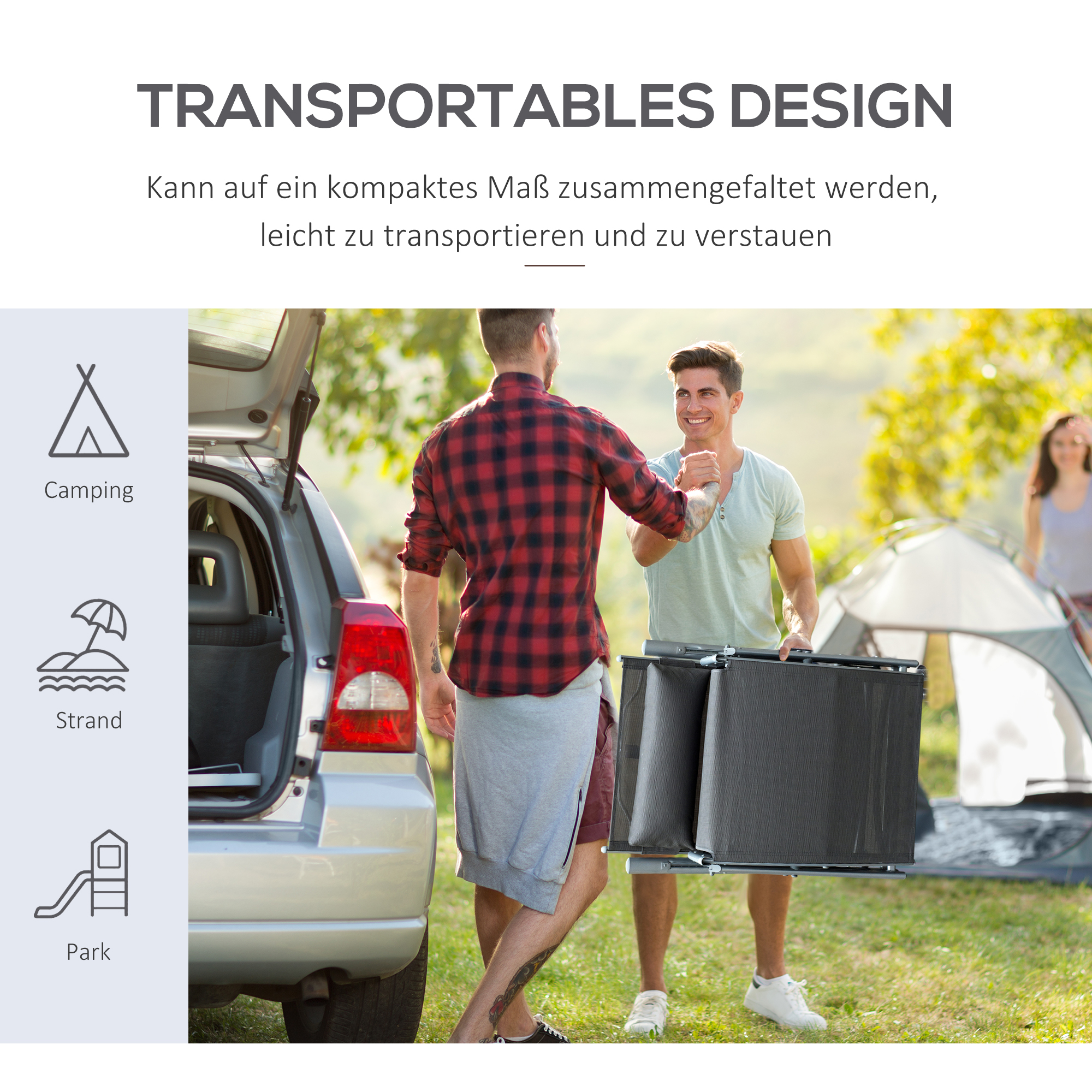 Sonnenliege klappbar Strandliege mit Kopfkissen Sitzkissen Liegestuhl mit 7-Fach verstellbare Rückenlehne Gartenliege Relaxliege bis 165 kg belastbar, für Garten Urlaub Outdoor, Grau