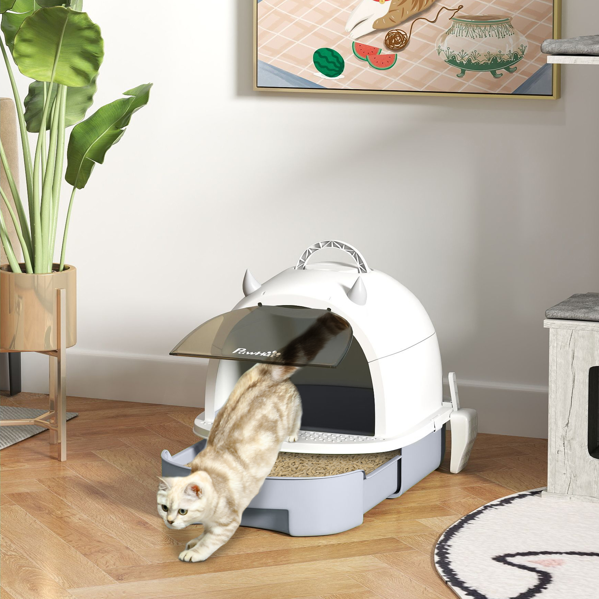 Katzenklo mit Deckel Katzentoilette mit Schaufel Bodenschublade Eingangspedal für Katzen bis 5 kg 40,5x52x39 cm Grau