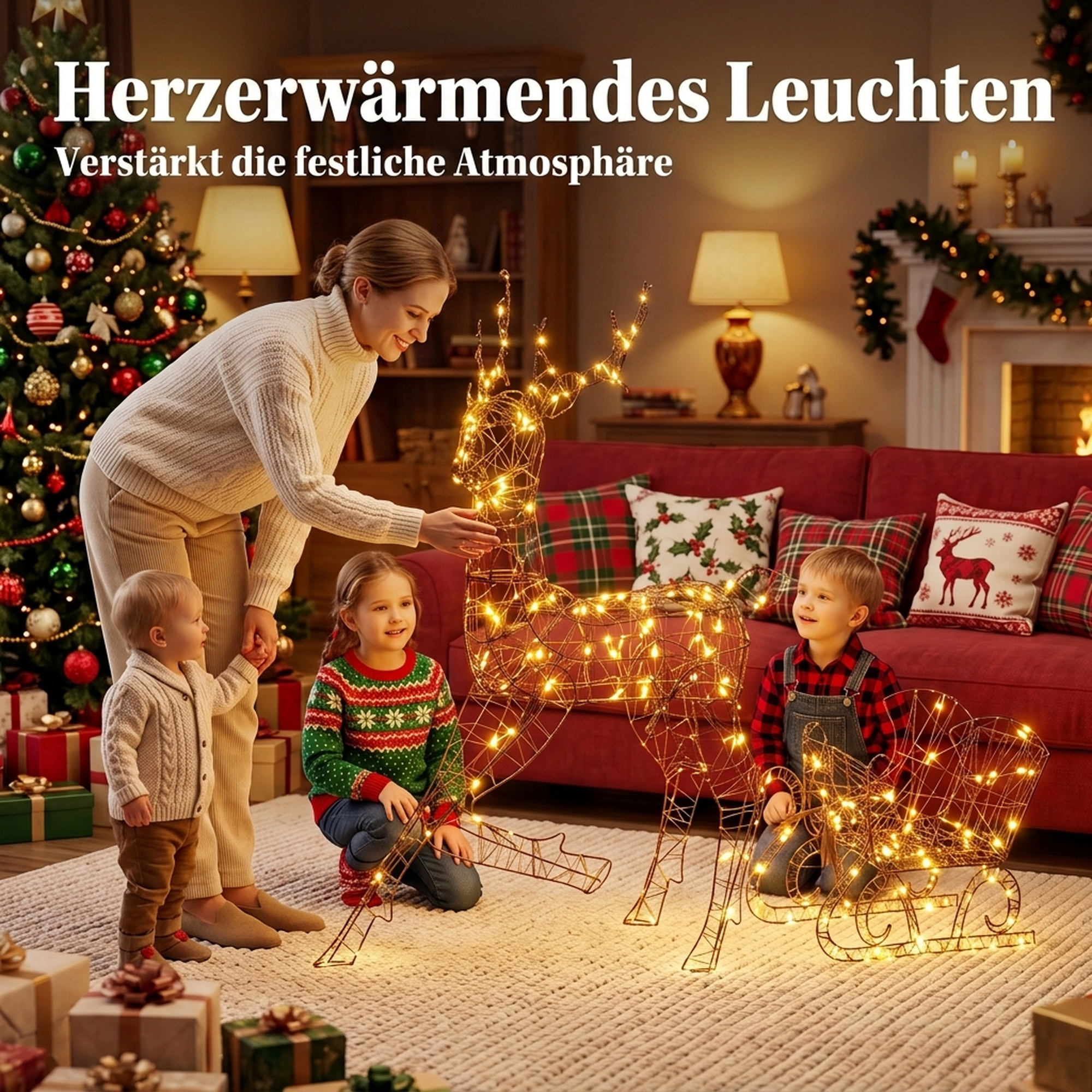 beleuchtetes Rentier- und Schlitten-Set, 2-teilige Weihnachtsdeko aus Polyrattan für außen, mit LEDs, 8 Modi, Timer