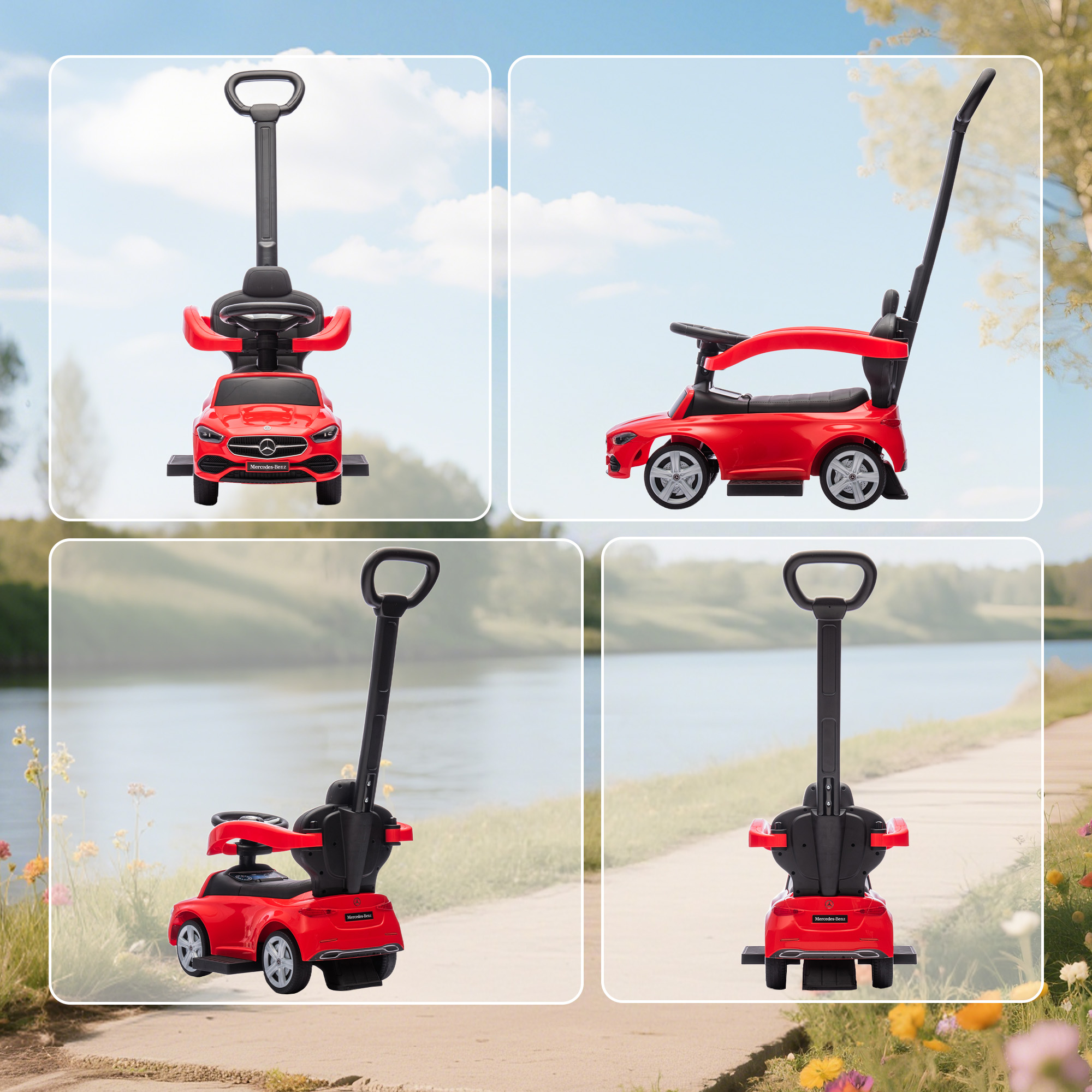 Rutschauto mit Schiebstange 2-in-1 Rutschfahrzeug mit abnehmbarem Griff, Sicherheitsgeländer, Stauraum, Hupe & Lenkrad