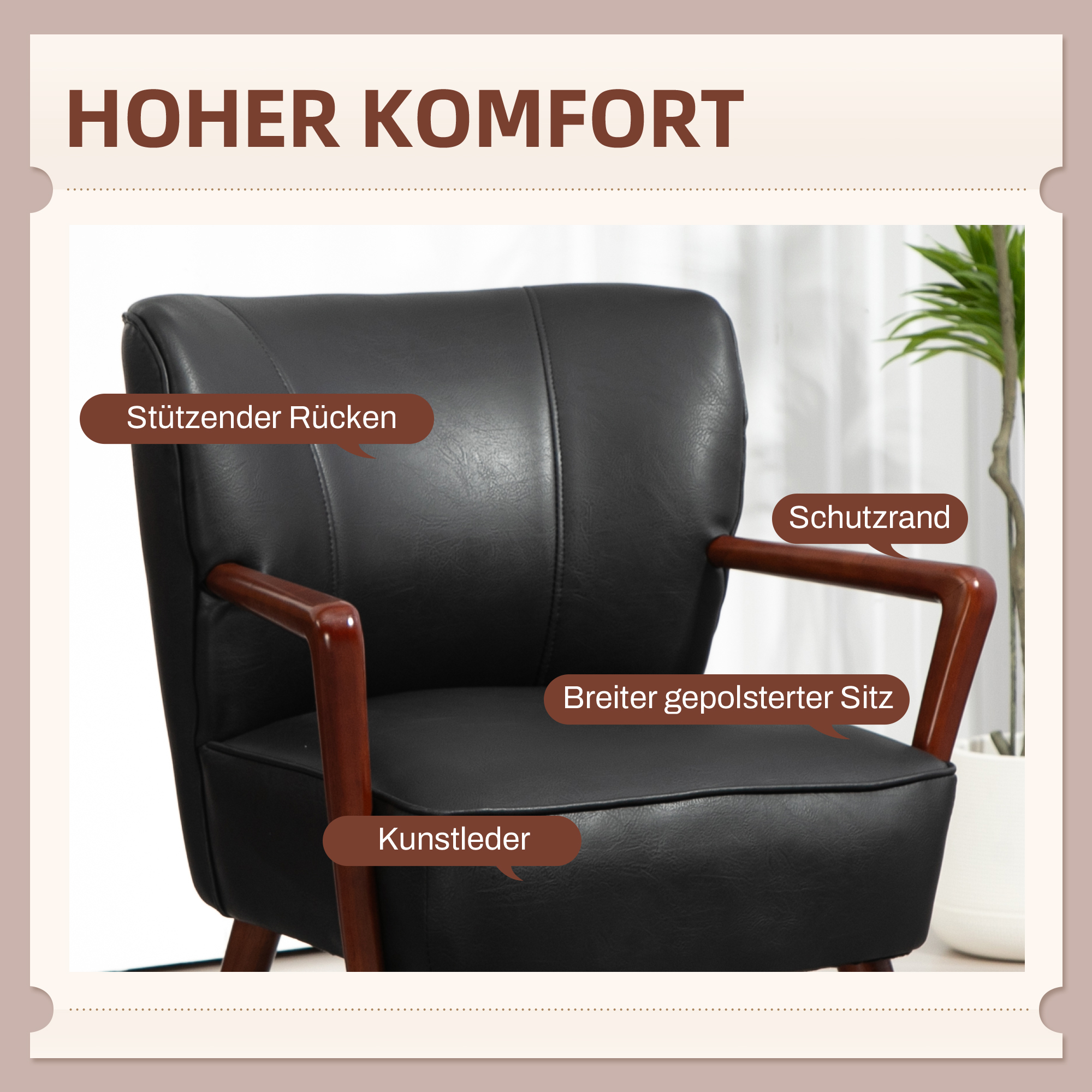 Akzentsessel, breiter Sitz, Lederoptik, Holzrahmen, bis 120 kg, 67x77x80 cm, Schwarz
