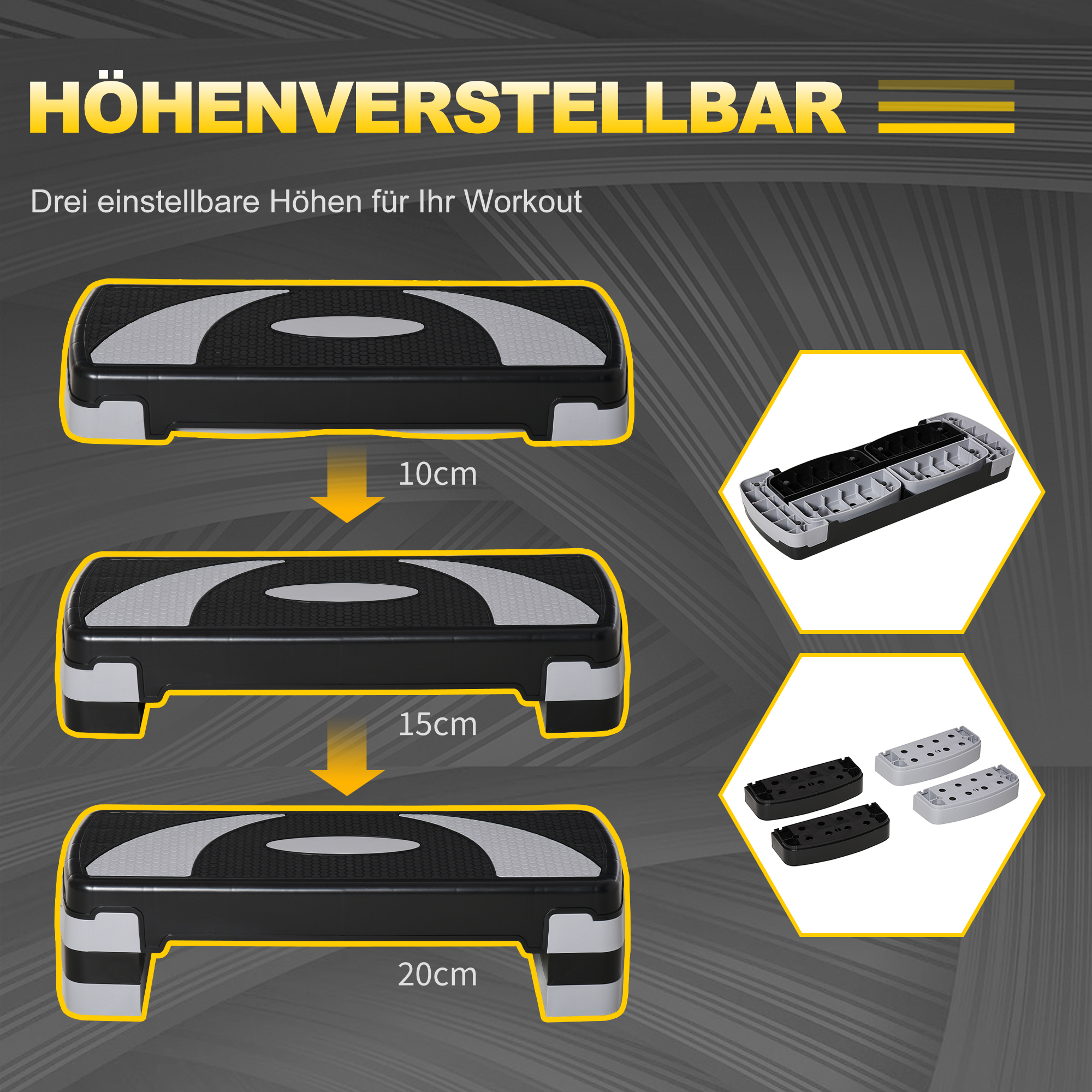 Aerobic-Stepper 3-stufig höhenverstellbar 80 x 31 x 20 cm Schwarz+Grau
