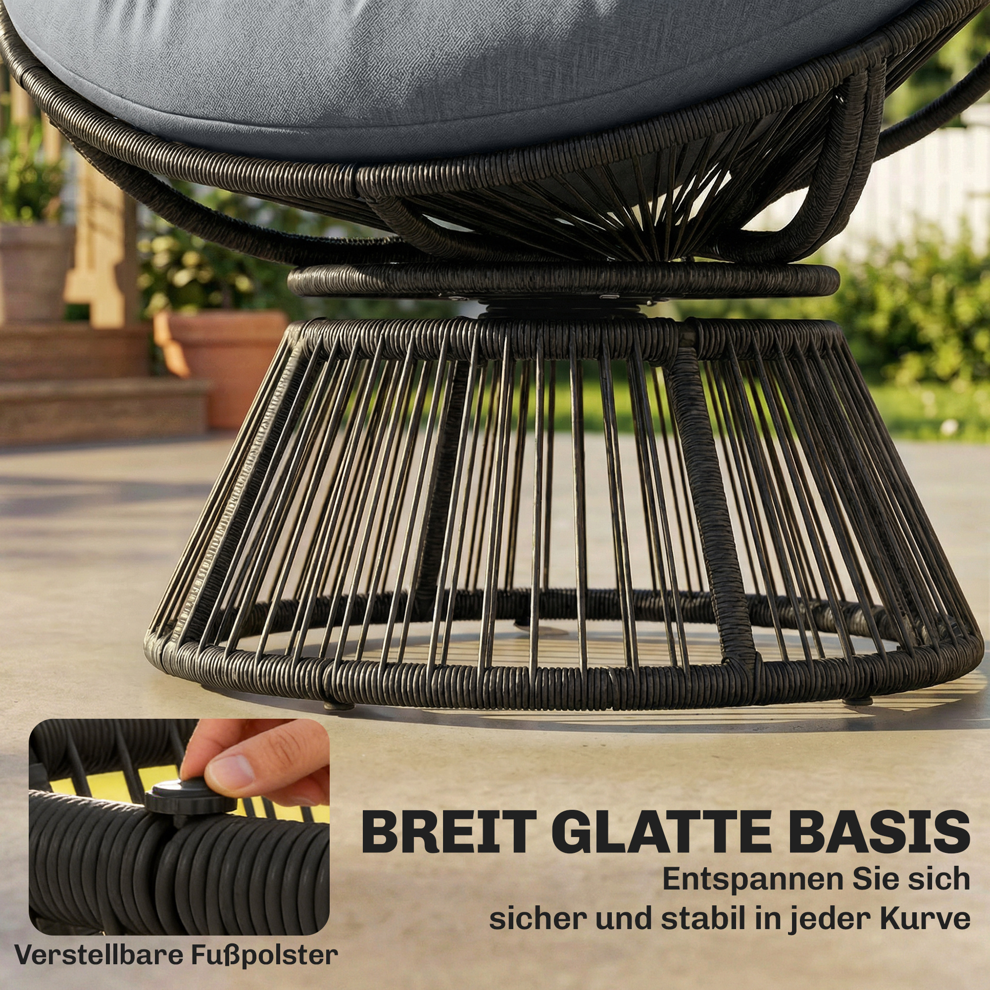 Papasansessel 360° drehbar Korbsessel mit Kissen Stahlrahmen runder Rattansessel Loungesessel Grau