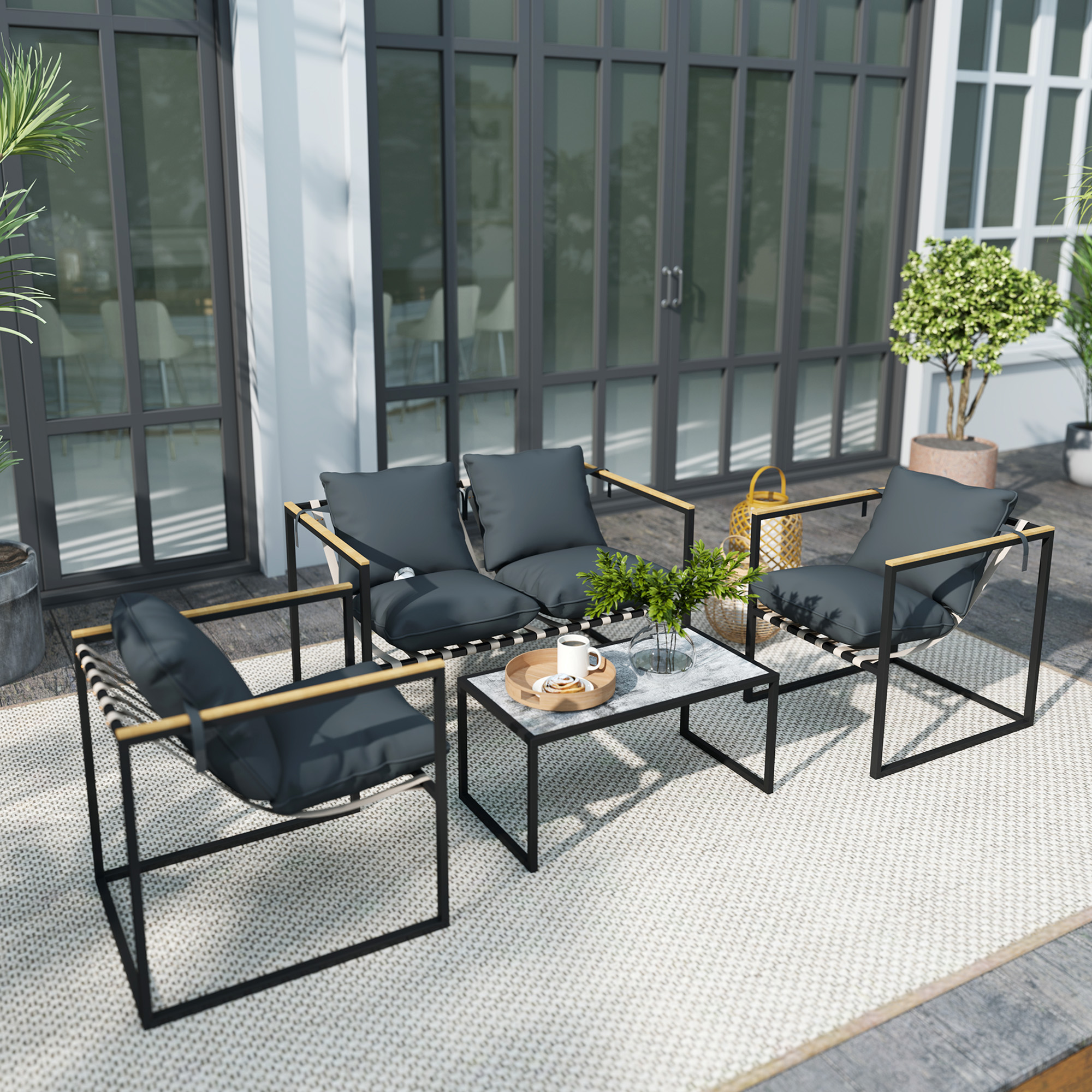 4-teiliges Gartenmöbelset, Outdoor-Möbel-Set, 2 Sessel, 2er Sofa, 1 Tisch, gepolstert, Stahl, Polyester, Grau