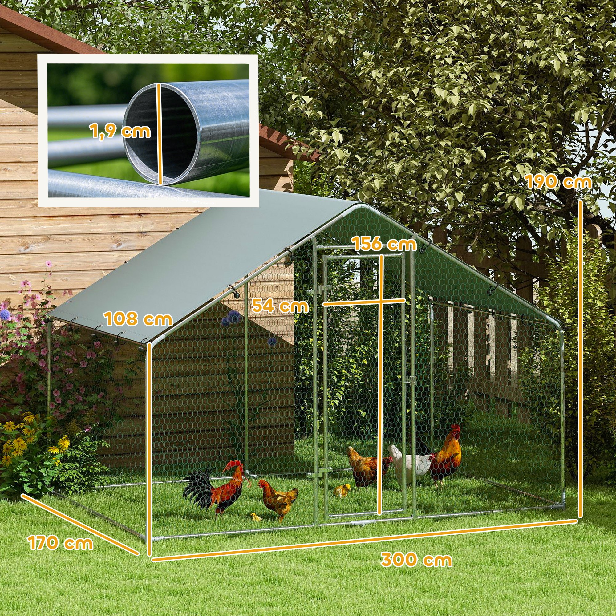 Hühnerauslauf für 5-8 Hühner, Dachplane, verriegelbare Tür, Stahlrahmen, 5,1 m², 3 x 1,7 x 1,9 m