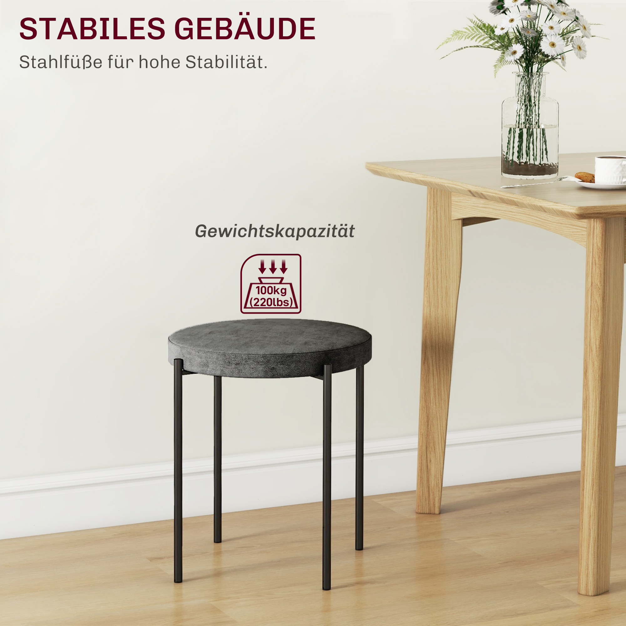 Küchenhocker 4-er Set, stapelbar, Samtoptik, bis 100kg, Stahlrahmen, 41,5 x 41,5 x 46 cm, Dunkelgrau