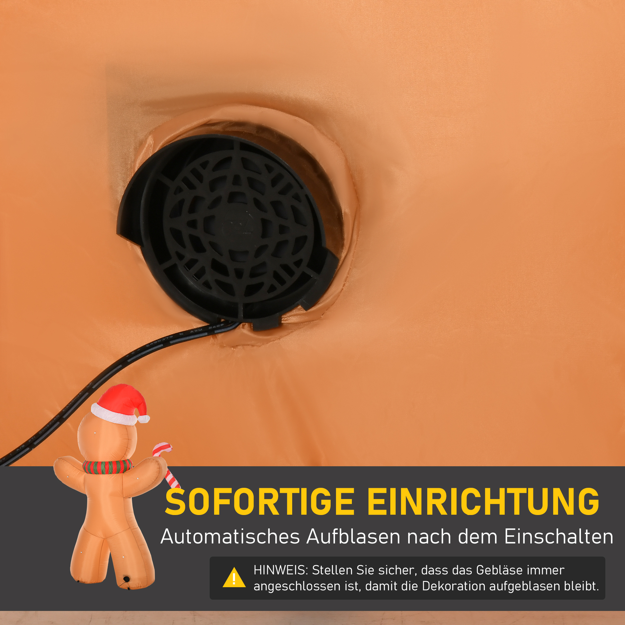 Selbstaufblasender Lebkuchenmann, inkl, Gebläse, Weihnachtsdekoration 2,4 m mit LED-Lichtern