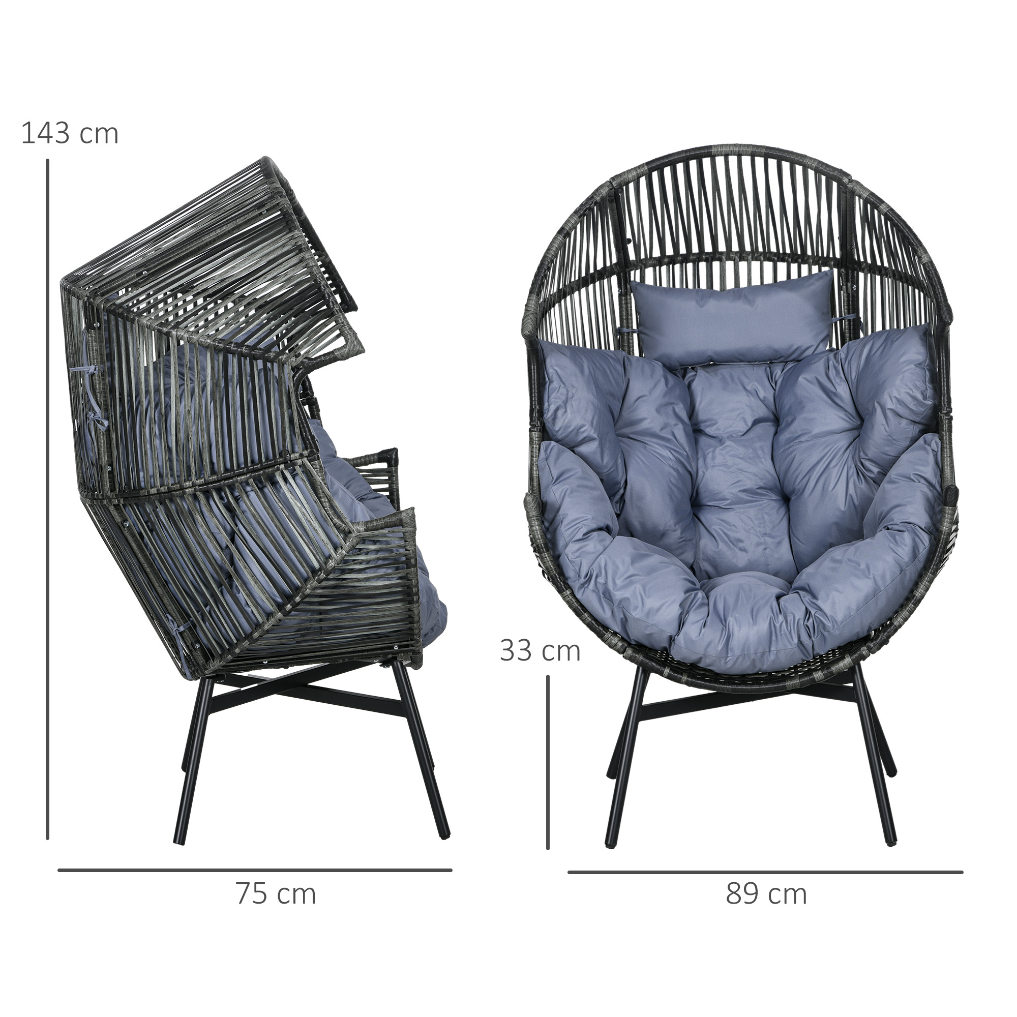 Rattansessel Outdoor-Sessel Gartensessel, PE-Rattan, 89 cm x 75 cm x 143 cm, Grau+Schwarz