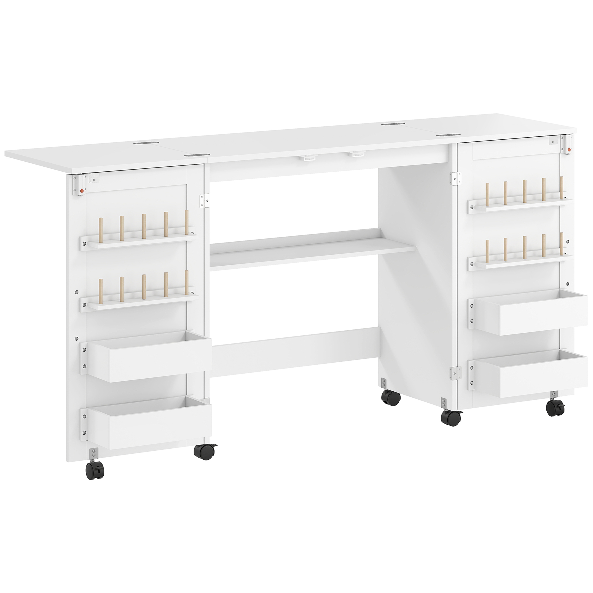 klappbarer Nähtisch mit 2 Magnettüren, rollbarer Basteltisch mit 4 Boxen, 20 Haltestiften, Ablagefach, Weiß