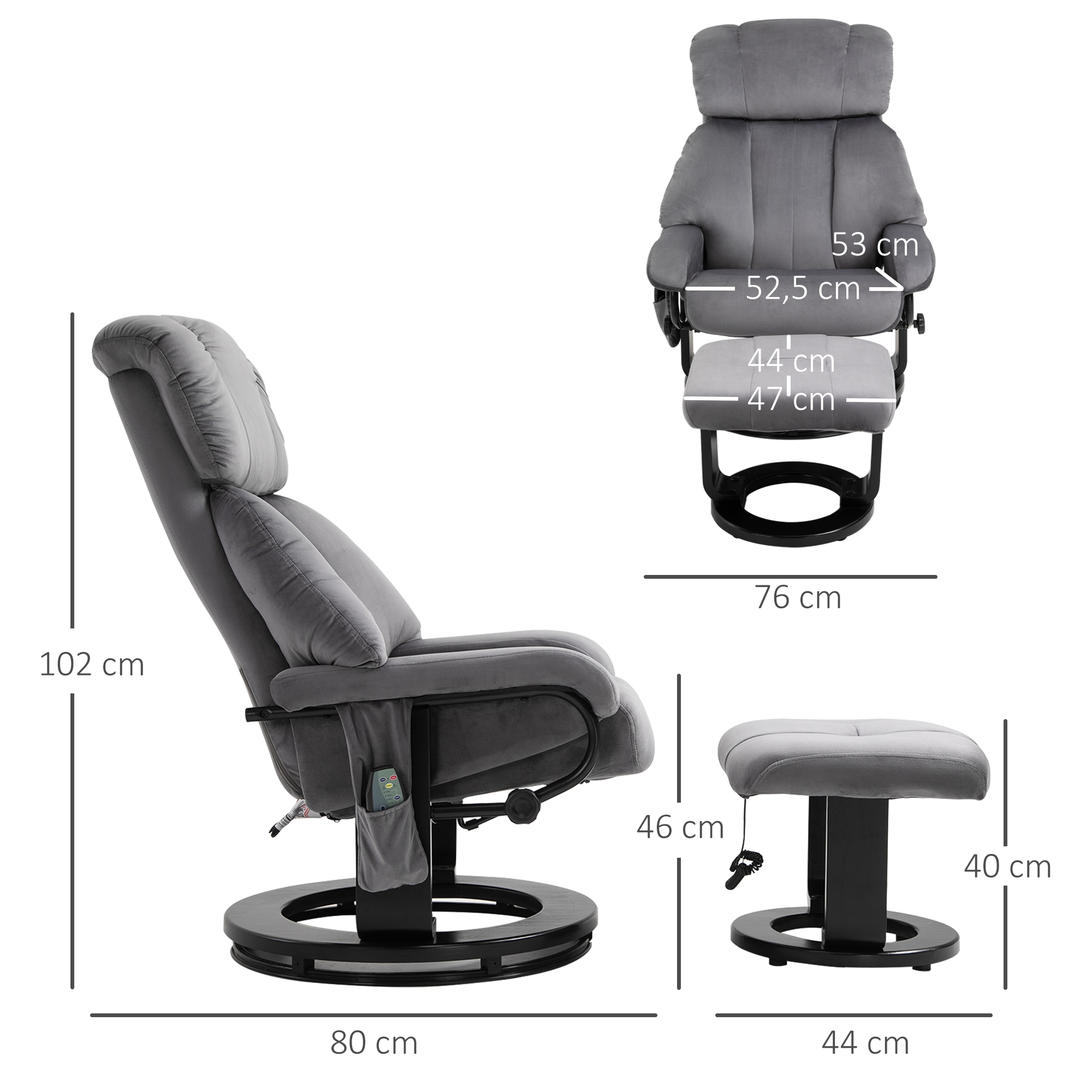 Relaxsessel mit Hocker, Drehbarer Fernsehsessel mit Schwingmassage, Liegefunktion, Massagesessel mit Seitentasche, Liegesessel mit Samtoptik für Wohnzimmer Grau