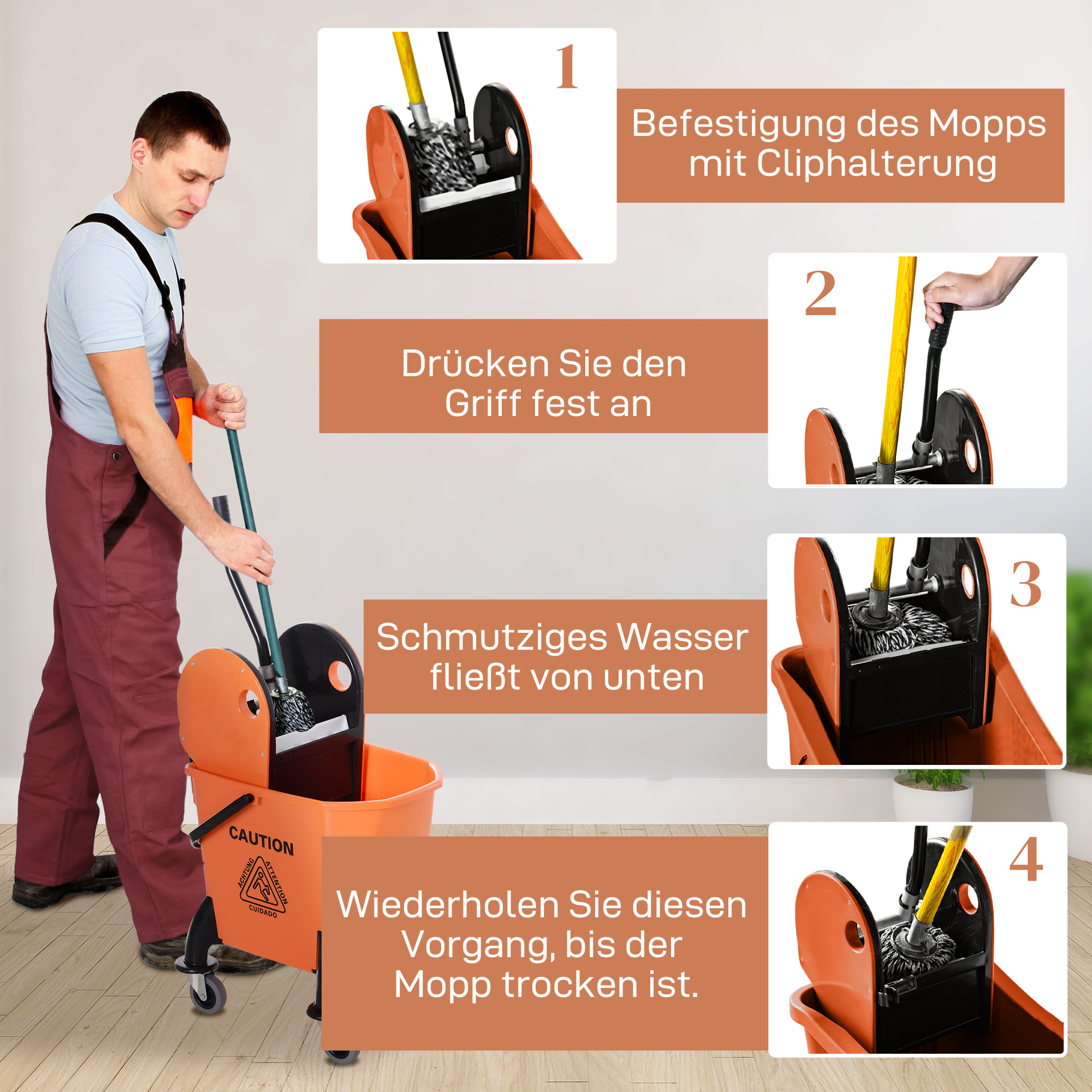 Rollbarer Reinigungseimer, Moppeimer, Mopp-Presse, 26 L, Kunststoff, Orange