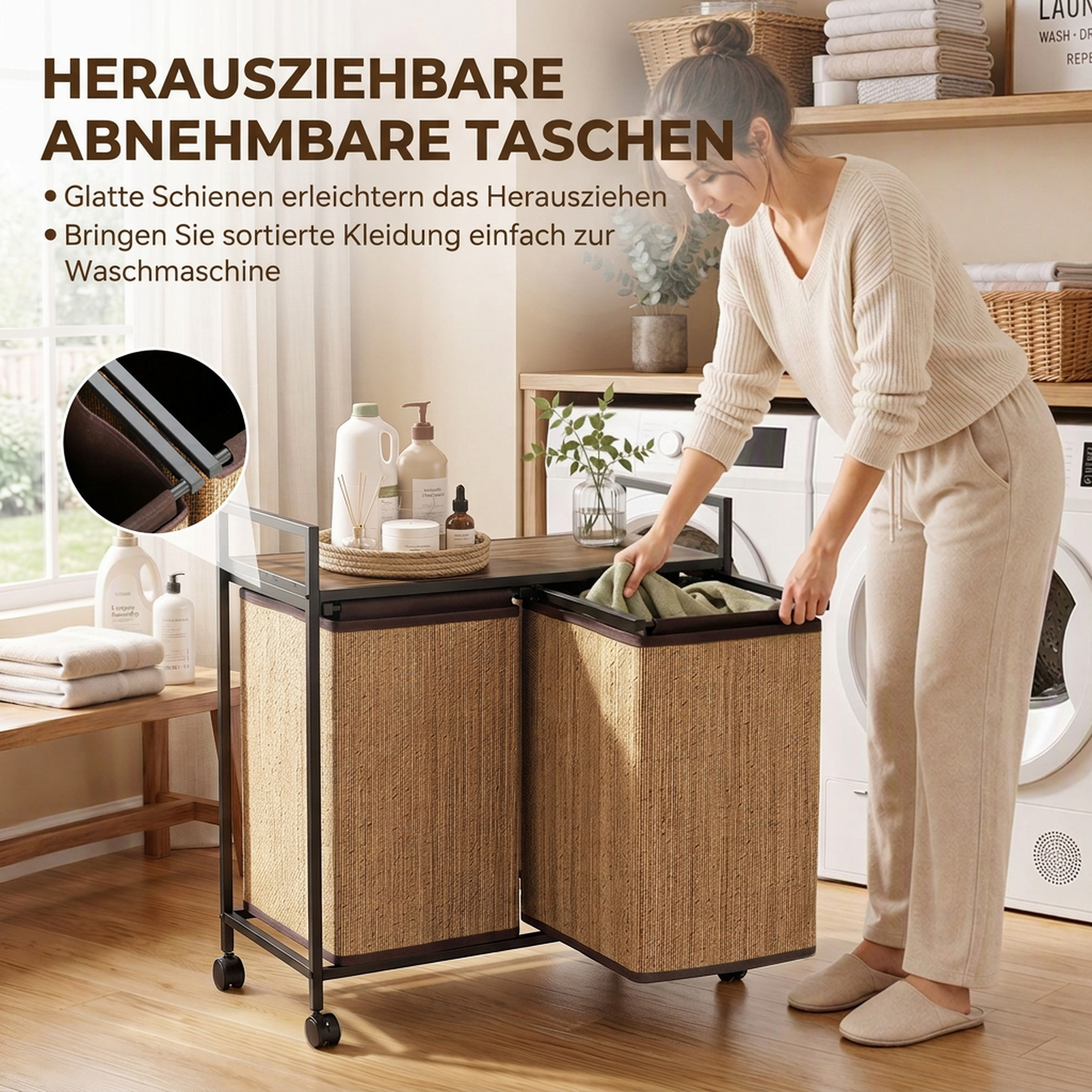 Wäschekorb Bambus 2 Fächer 120 L Wäschesammler mit Regal Ablage, Wäschebox Wäschesack, Rollbar 73x33x78 cm, Braun